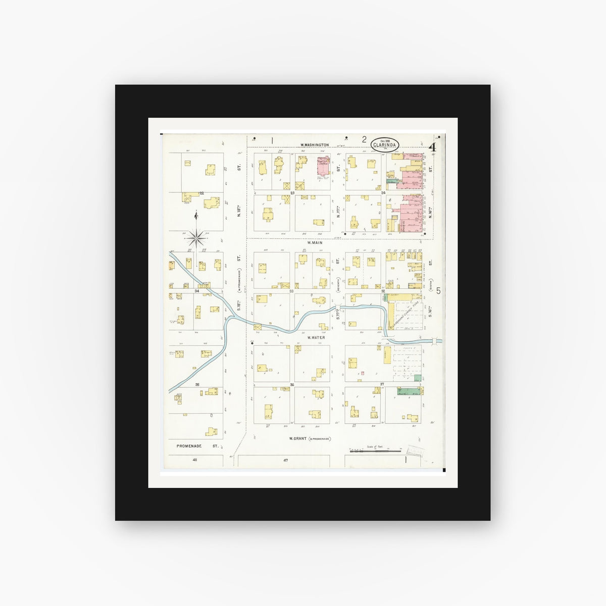 Old map wall art mockup — black gallery frame with white mat — Sanborn Fire Insurance Map from Clarinda, Page County, Iowa (1898), Sheet #0004
