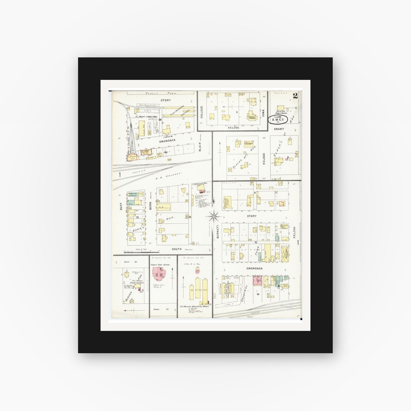 Old map wall art mockup — black gallery frame with white mat — Sanborn Fire Insurance Map from Ames, Story County, Iowa (1896), Sheet #0002