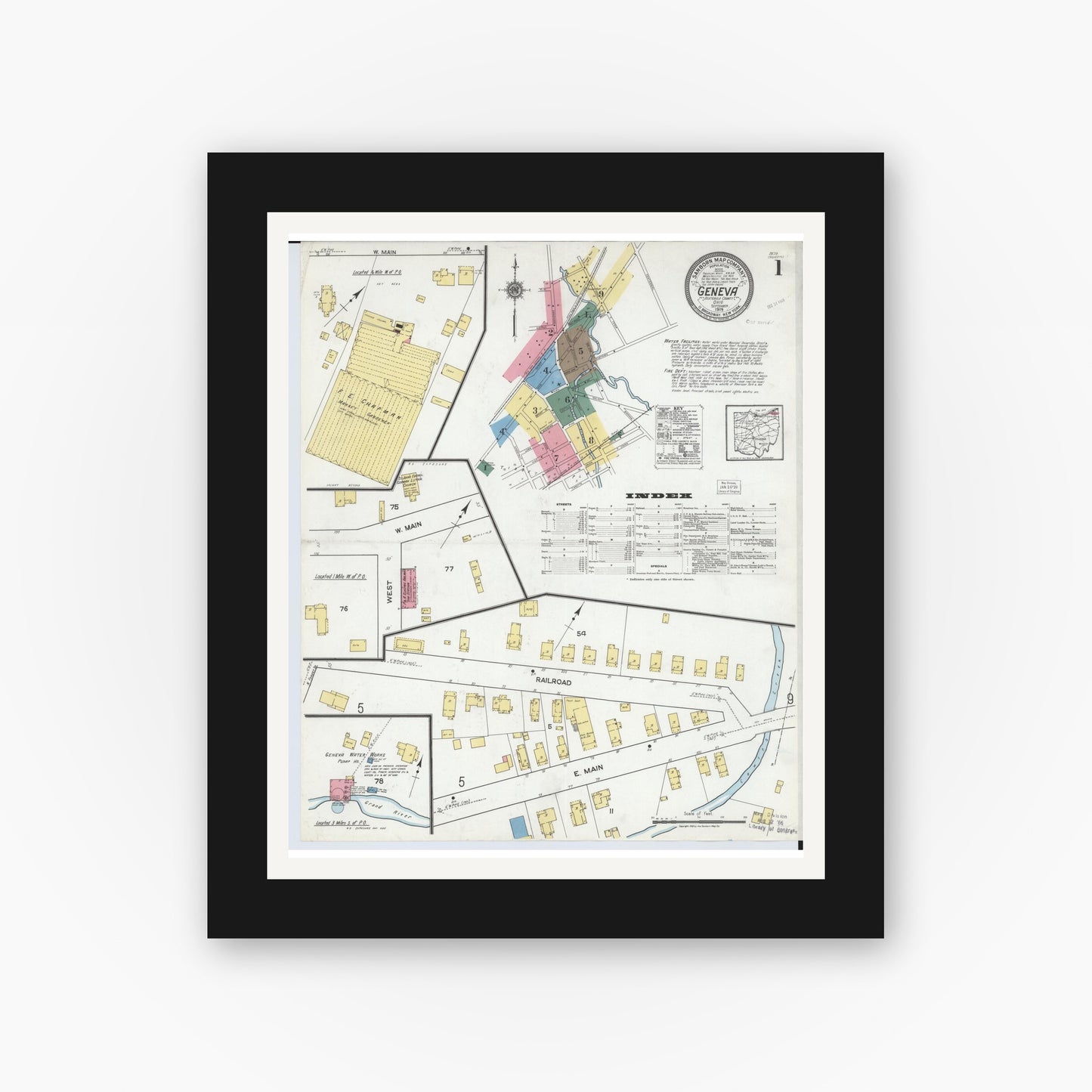 Old map wall art mockup — black gallery frame with white mat — Sanborn Fire Insurance Map from Geneva, Ashtabula County, Ohio (1919), Sheet #0001