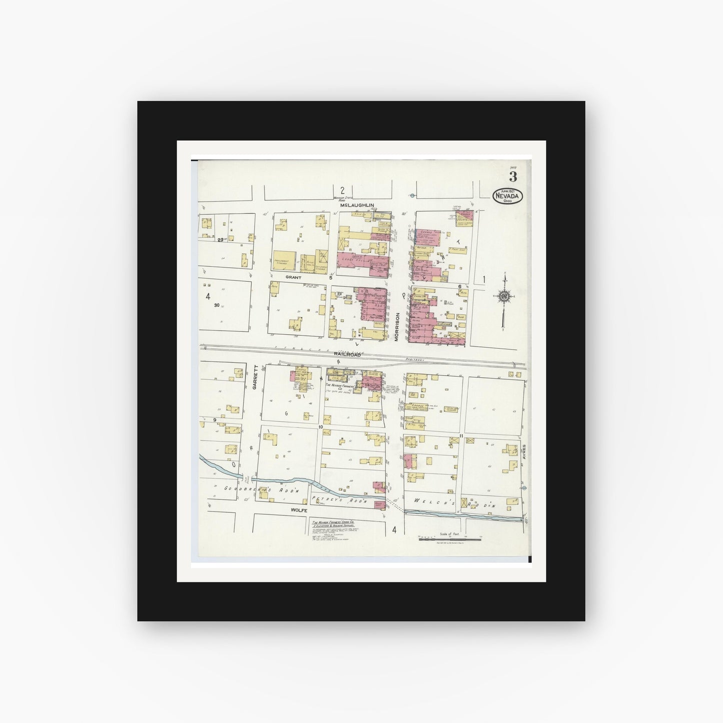 Old map wall art mockup — black gallery frame with white mat — Sanborn Fire Insurance Map from Nevada, Wyandot County, Ohio (1921), Sheet #0003