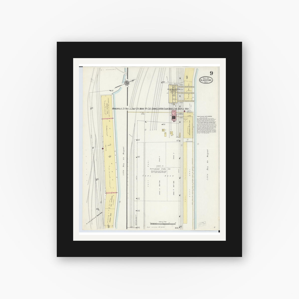 Old map wall art mockup — black gallery frame with white mat — Sanborn Fire Insurance Map from Gladstone, Delta County, Michigan (1913), Sheet #0009