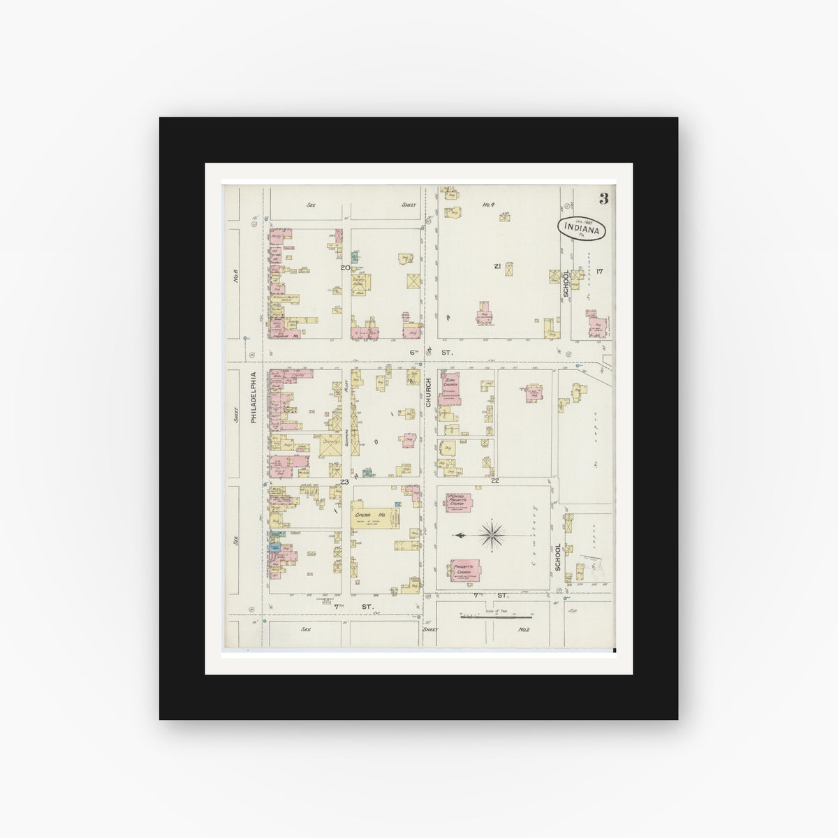 Old map wall art mockup — black gallery frame with white mat — Sanborn Fire Insurance Map from Indiana, Indiana County, Pennsylvania (1887), Sheet #0003