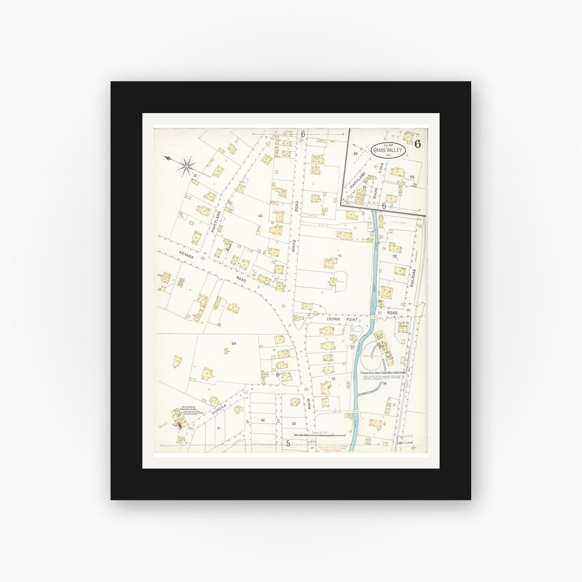 Old map wall art mockup — black gallery frame with white mat — Sanborn Fire Insurance Map from Grass Valley, Nevada County, California (1898), Sheet #0005