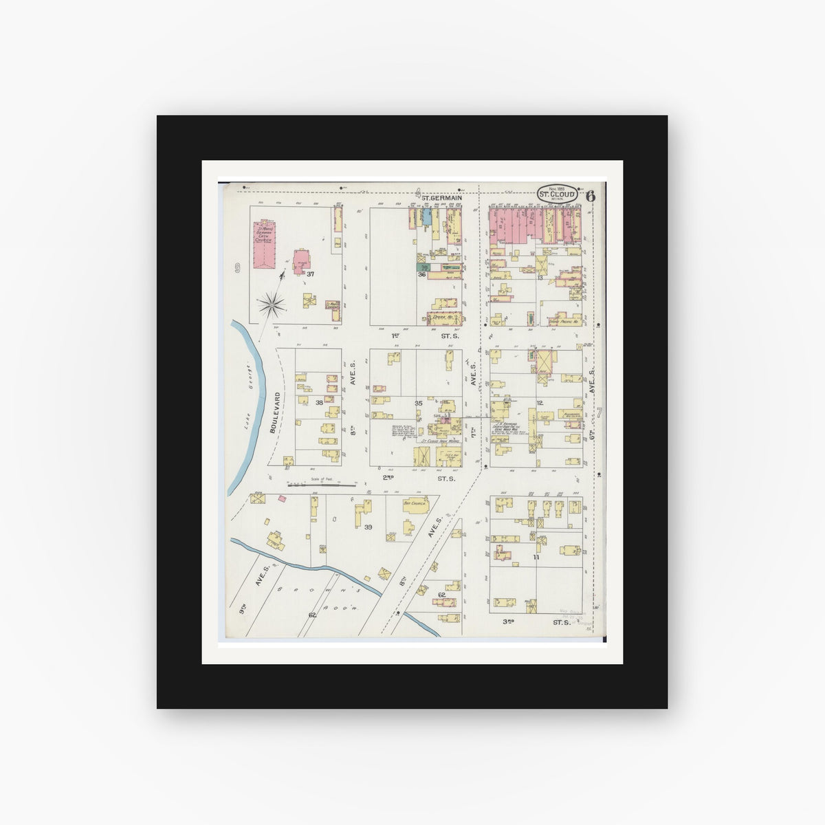 Old map wall art mockup — black gallery frame with white mat — Sanborn Fire Insurance Map from Saint Cloud, Stearns, Benton, and Sherburne Counties, Minnesota (1893), Sheet #0006