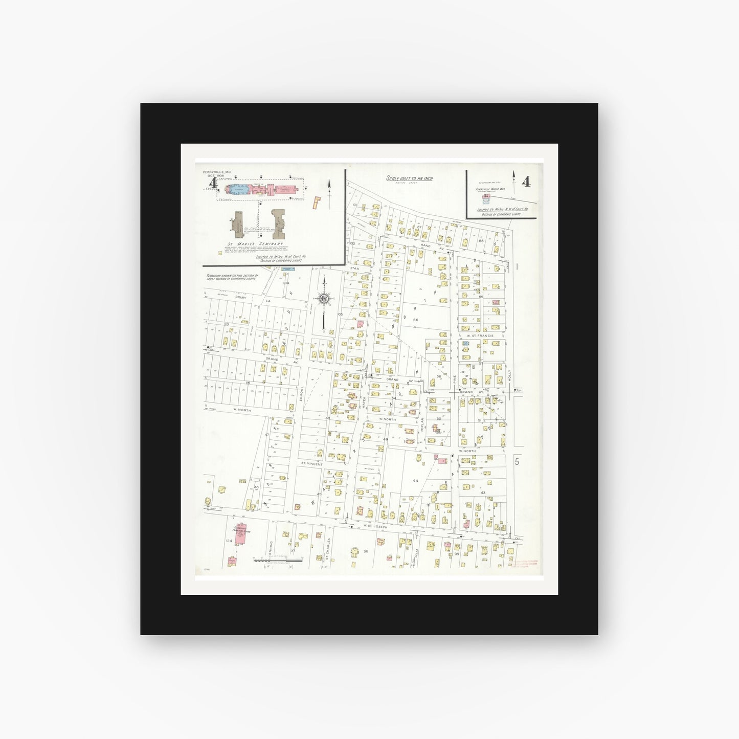 Old map wall art mockup — black gallery frame with white mat — Sanborn Fire Insurance Map from Perryville, Perry County, Missouri (1938), Sheet #0004