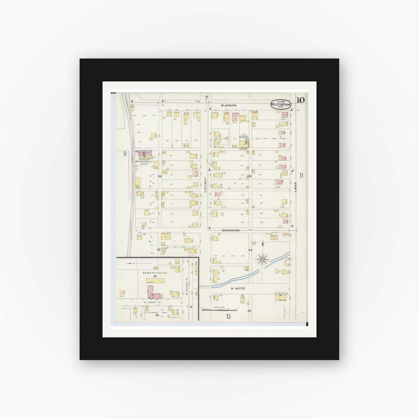 Old map wall art mockup — black gallery frame with white mat — Sanborn Fire Insurance Map from Bellefontaine, Logan County, Ohio (1896), Sheet #0010