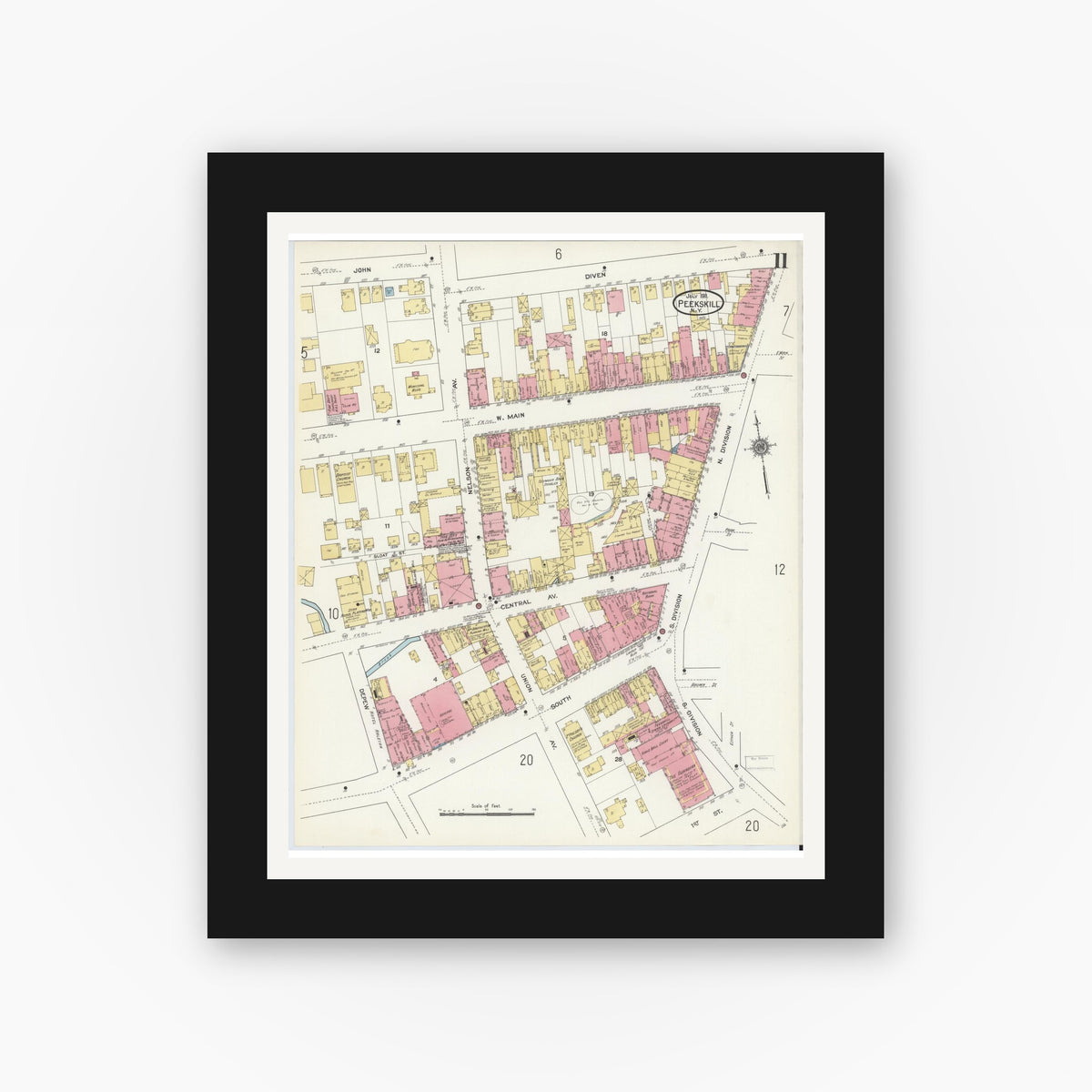 Old map wall art mockup — black gallery frame with white mat — Sanborn Fire Insurance Map from Peekskill, Westchester County, New York (1911), Sheet #0011