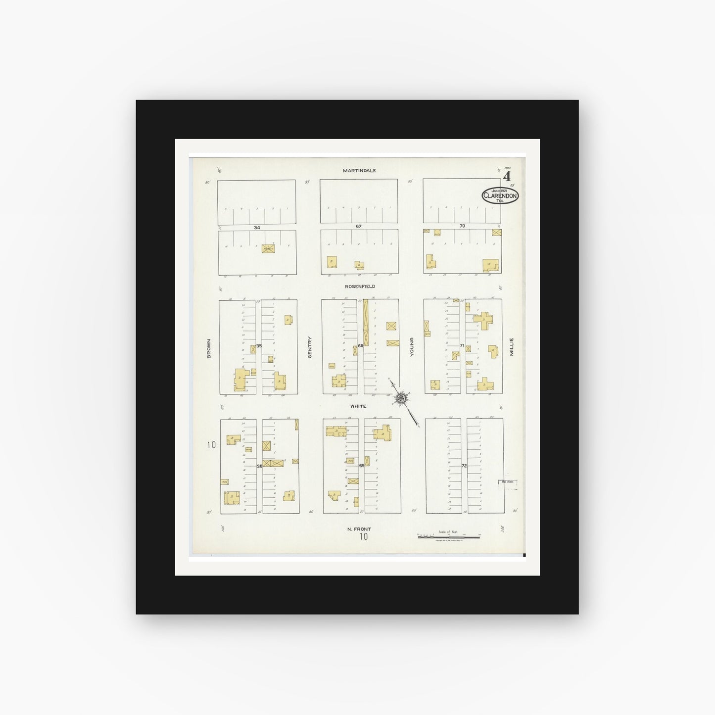 Old map wall art mockup — black gallery frame with white mat — Sanborn Fire Insurance Map from Clarendon, Donley County, Texas (1921), Sheet #0004