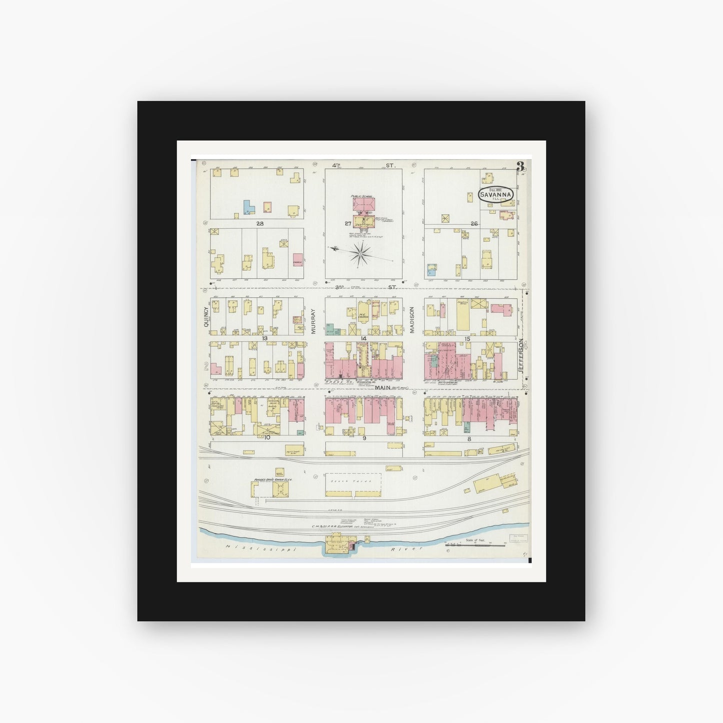 Old map wall art mockup — black gallery frame with white mat — Sanborn Fire Insurance Map from Savanna, Carroll County, Illinois (1892), Sheet #0003
