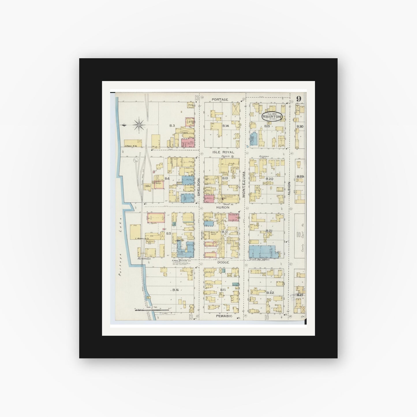 Old map wall art mockup — black gallery frame with white mat — Sanborn Fire Insurance Map from Houghton, Houghton County, Michigan (1893), Sheet #0009