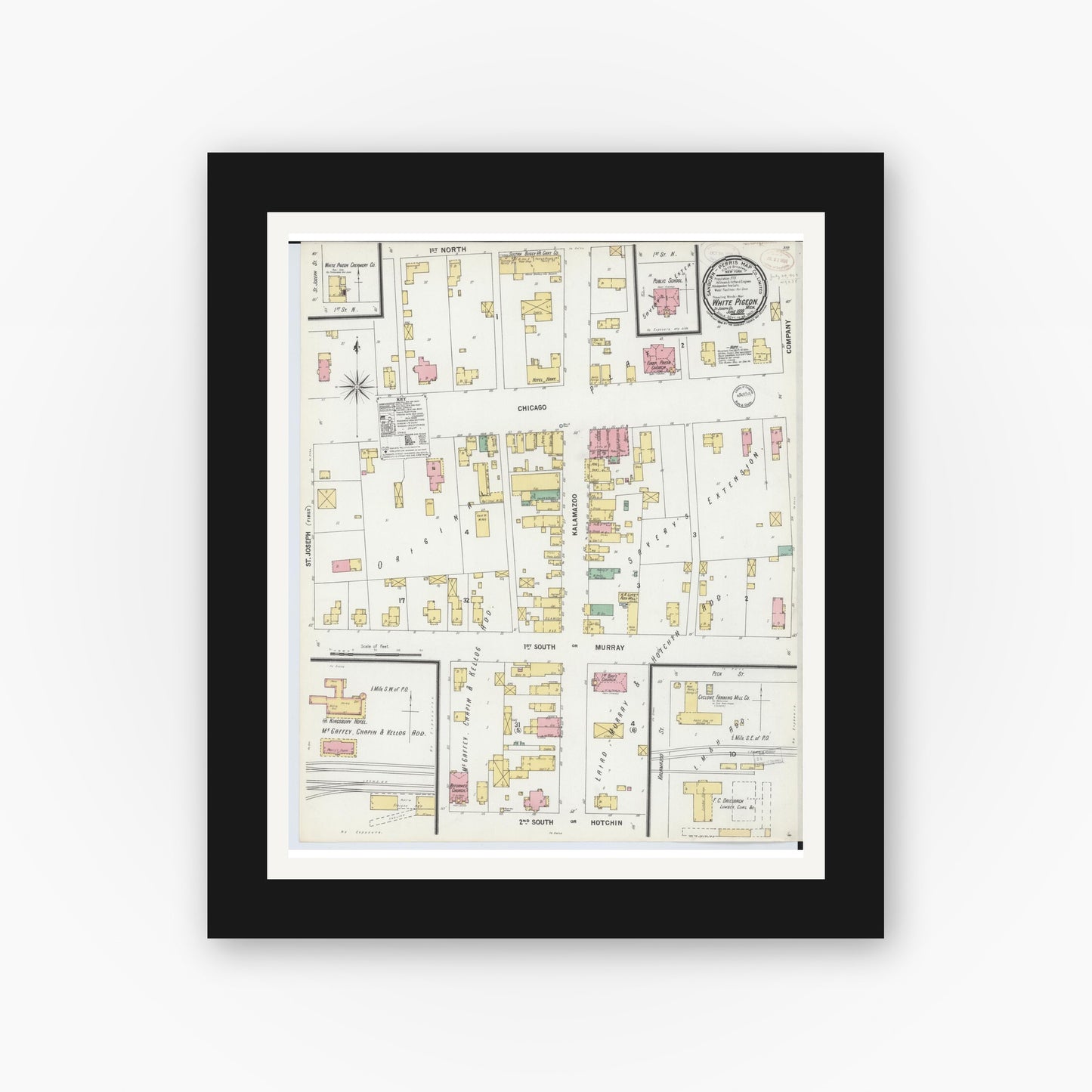 Old map wall art mockup — black gallery frame with white mat — Sanborn Fire Insurance Map from White Pigeon, Saint Joseph County, Michigan (1899), Sheet #0001