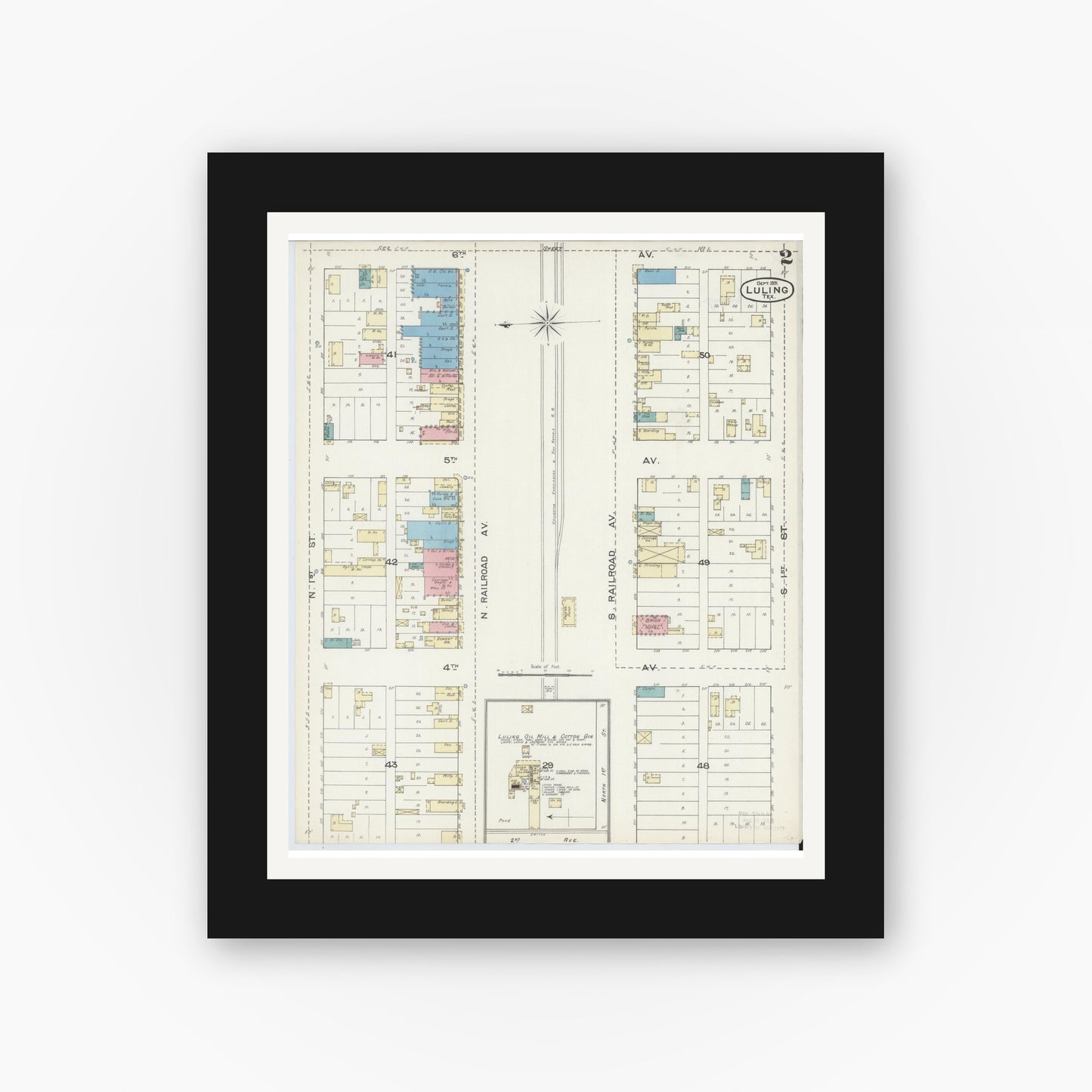 Old map wall art mockup — black gallery frame with white mat — Sanborn Fire Insurance Map from Luling, Caldwell County, Texas (1891), Sheet #0002