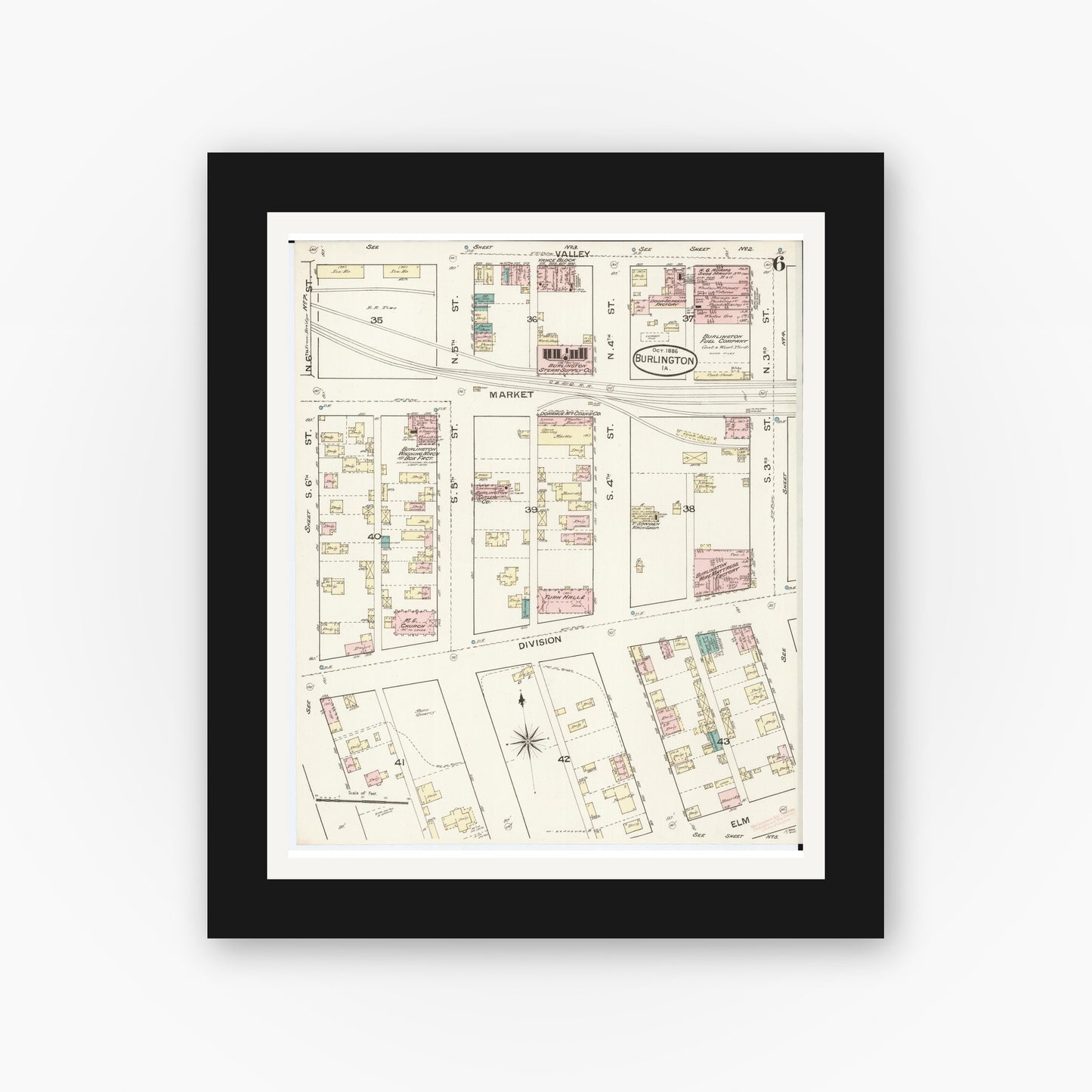 Old map wall art mockup — black gallery frame with white mat — Sanborn Fire Insurance Map from Burlington, Des Moines County, Iowa (1888), Sheet #0006