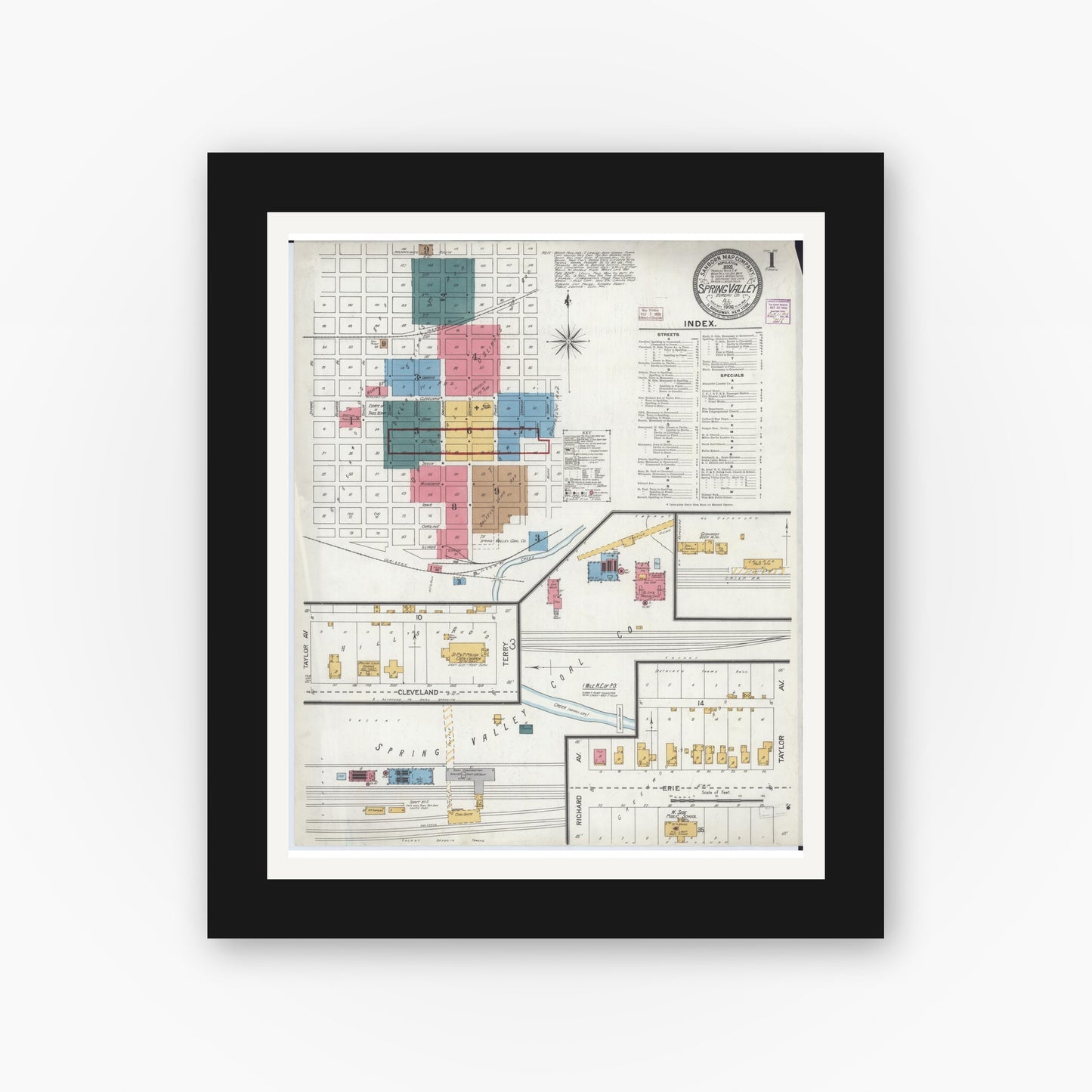 Old map wall art mockup — black gallery frame with white mat — Sanborn Fire Insurance Map from Spring Valley, Bureau County, Illinois (1906) - Complete Map Set