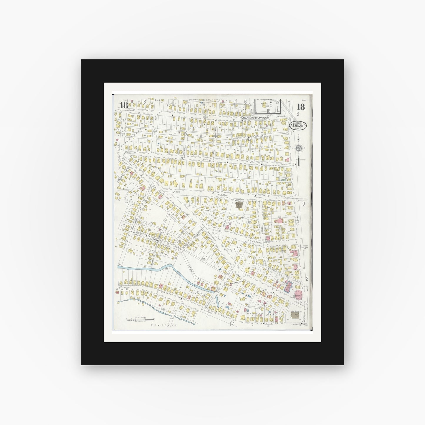 Old map wall art mockup — black gallery frame with white mat — Sanborn Fire Insurance Map from Ashland, Ashland County, Ohio (1930), Sheet #0018