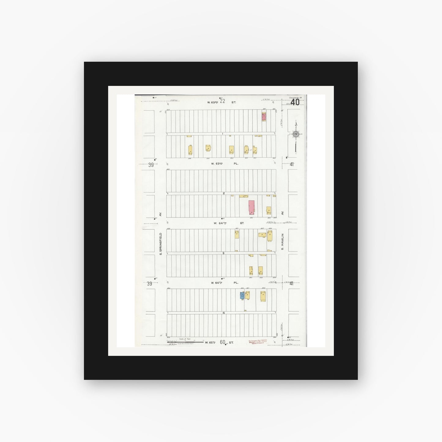 Old map wall art mockup — black gallery frame with white mat — Sanborn Fire Insurance Map from Chicago, Cook County, Illinois (1920), Sheet #0040