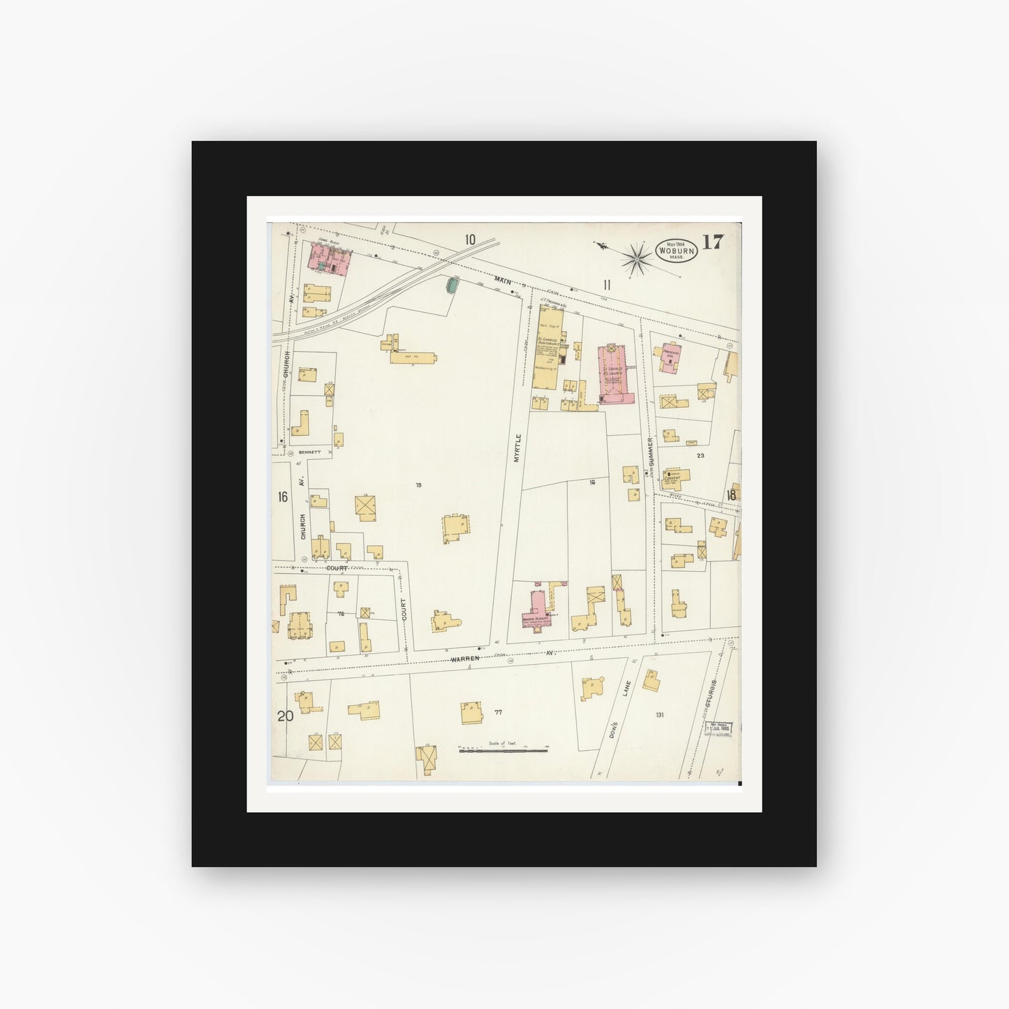 Old map wall art mockup — black gallery frame with white mat — Sanborn Fire Insurance Map from Woburn, Middlesex County, Massachusetts (1904), Sheet #0017