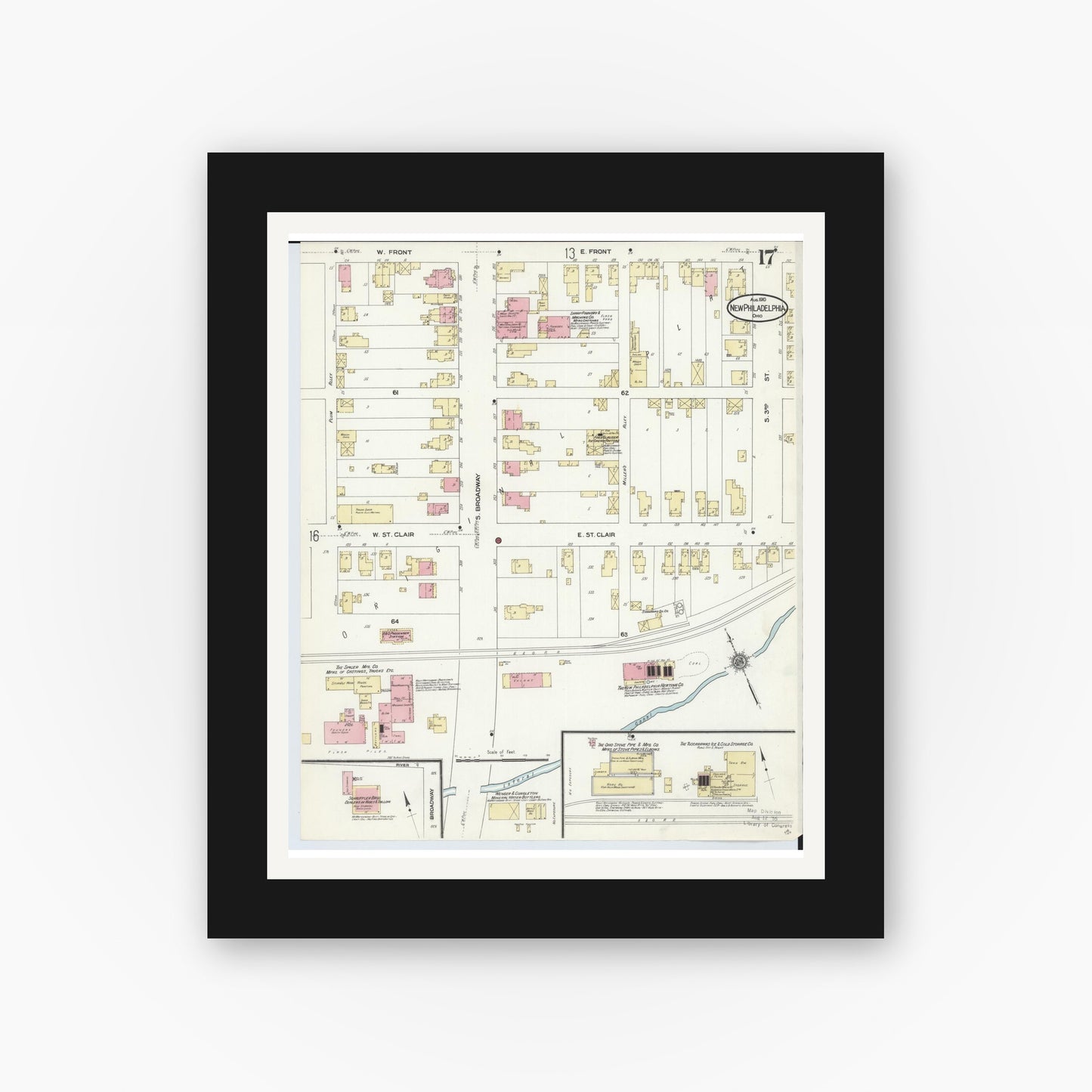 Old map wall art mockup — black gallery frame with white mat — Sanborn Fire Insurance Map from New Philadelphia, Tuscarawas County, Ohio (1910), Sheet #0017