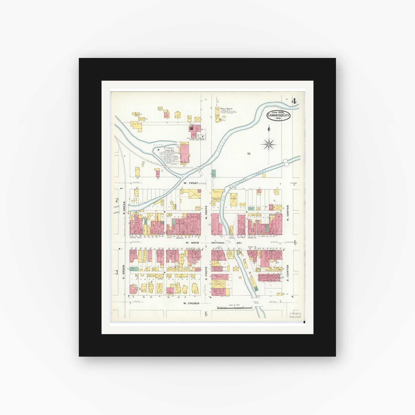 Old map wall art mockup — black gallery frame with white mat — Sanborn Fire Insurance Map from Cambridge City, Wayne County, Indiana (1908), Sheet #0004
