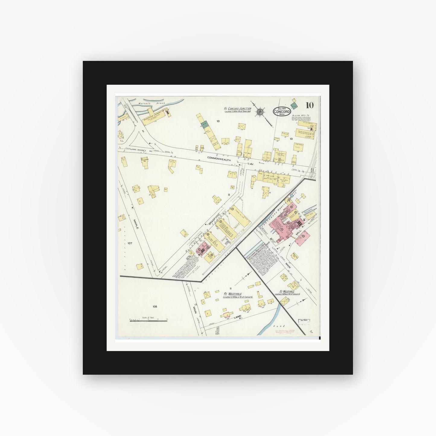 Old map wall art mockup — black gallery frame with white mat — Sanborn Fire Insurance Map from Concord, Middlesex County, Massachusetts (1909), Sheet #0010