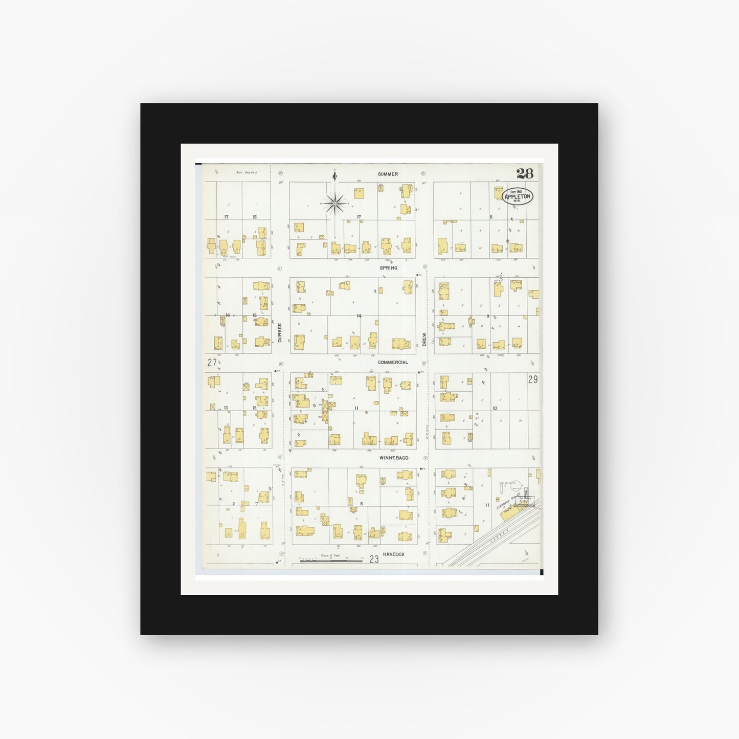 Old map wall art mockup — black gallery frame with white mat — Sanborn Fire Insurance Map from Appleton, Outagamie County, Wisconsin (1901), Sheet #0028