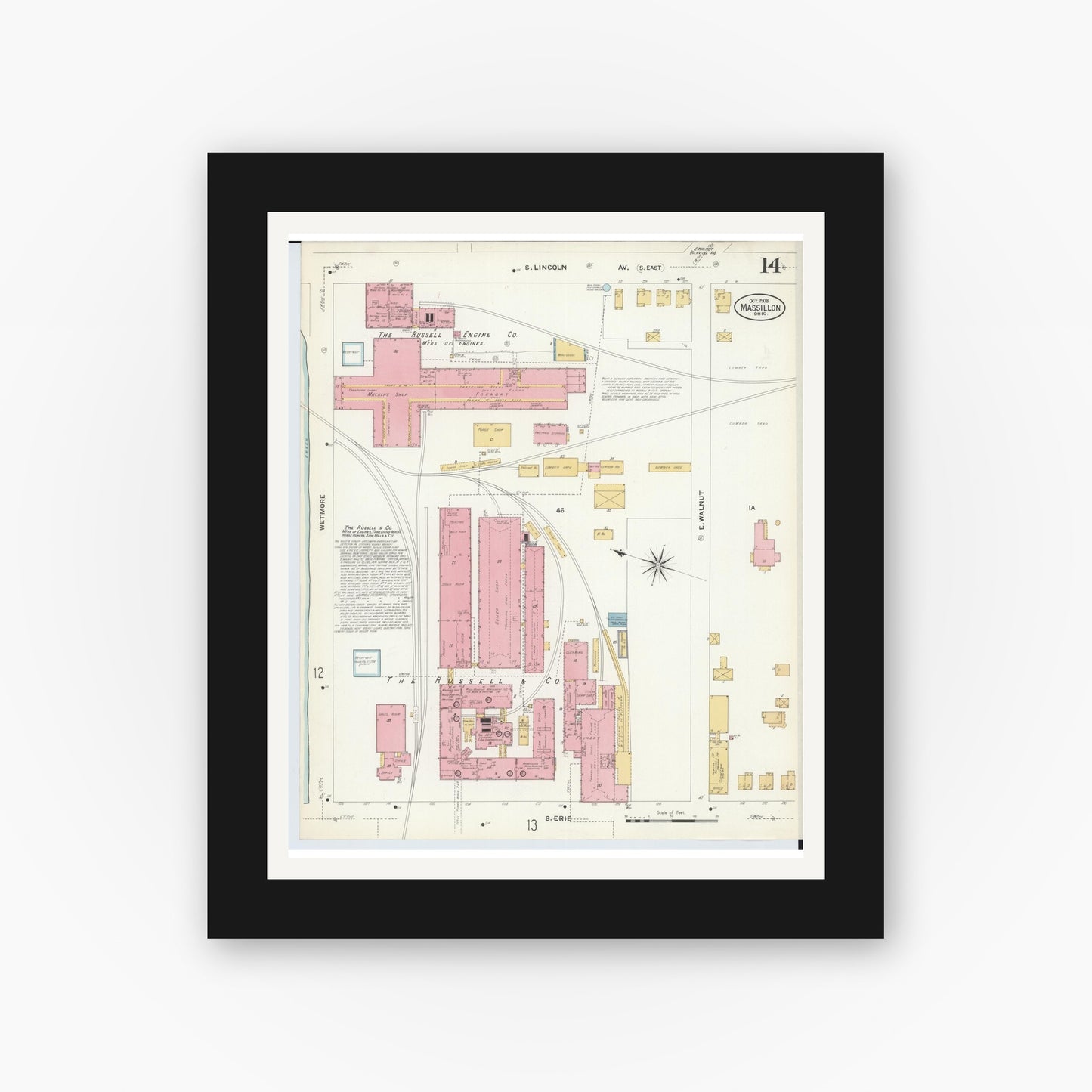 Old map wall art mockup — black gallery frame with white mat — Sanborn Fire Insurance Map from Massillon, Stark County, Ohio (1908), Sheet #0014