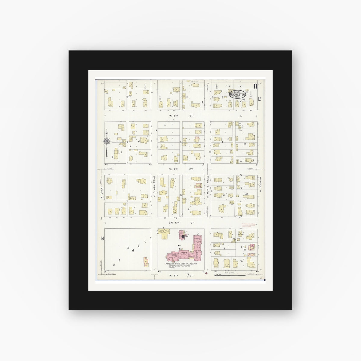 Old map wall art mockup — black gallery frame with white mat — Sanborn Fire Insurance Map from Rochester, Olmsted County, Minnesota (1914), Sheet #0008