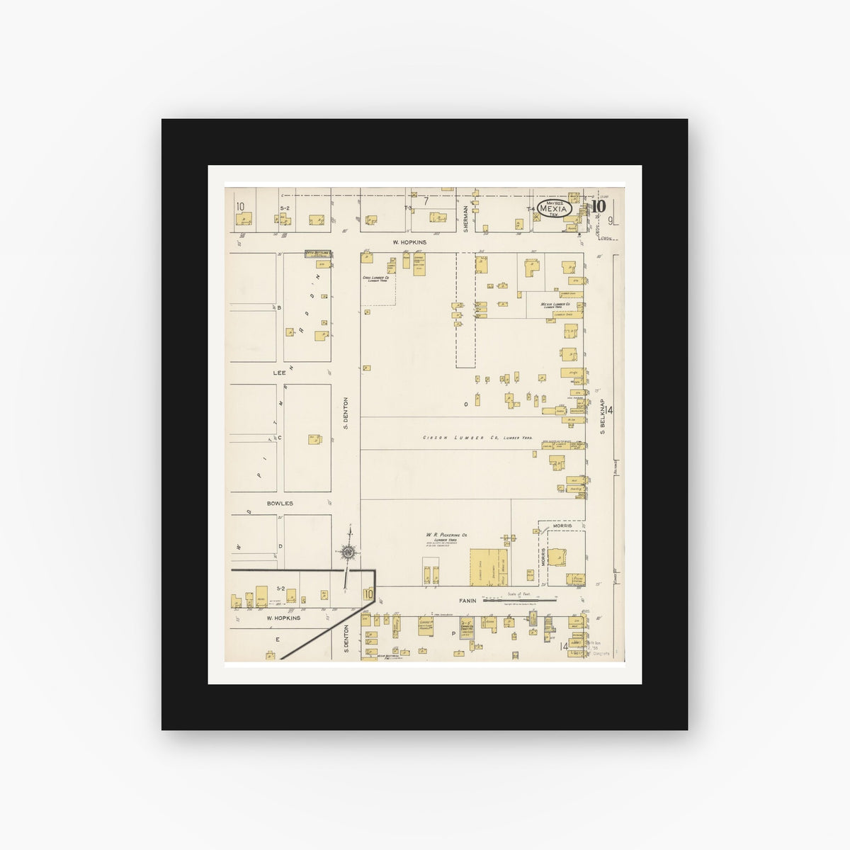Old map wall art mockup — black gallery frame with white mat — Sanborn Fire Insurance Map from Mexia, Limestone County, Texas (1922), Sheet #0010