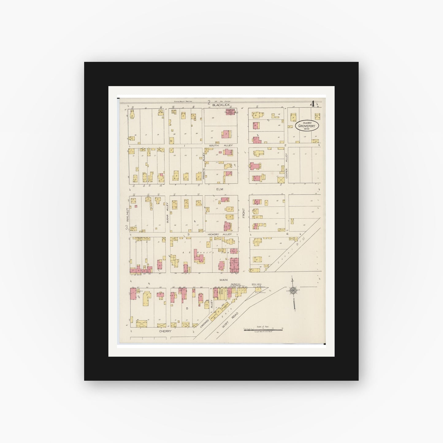 Old map wall art mockup — black gallery frame with white mat — Sanborn Fire Insurance Map from Groveport, Franklin County, Ohio (1922), Sheet #0004
