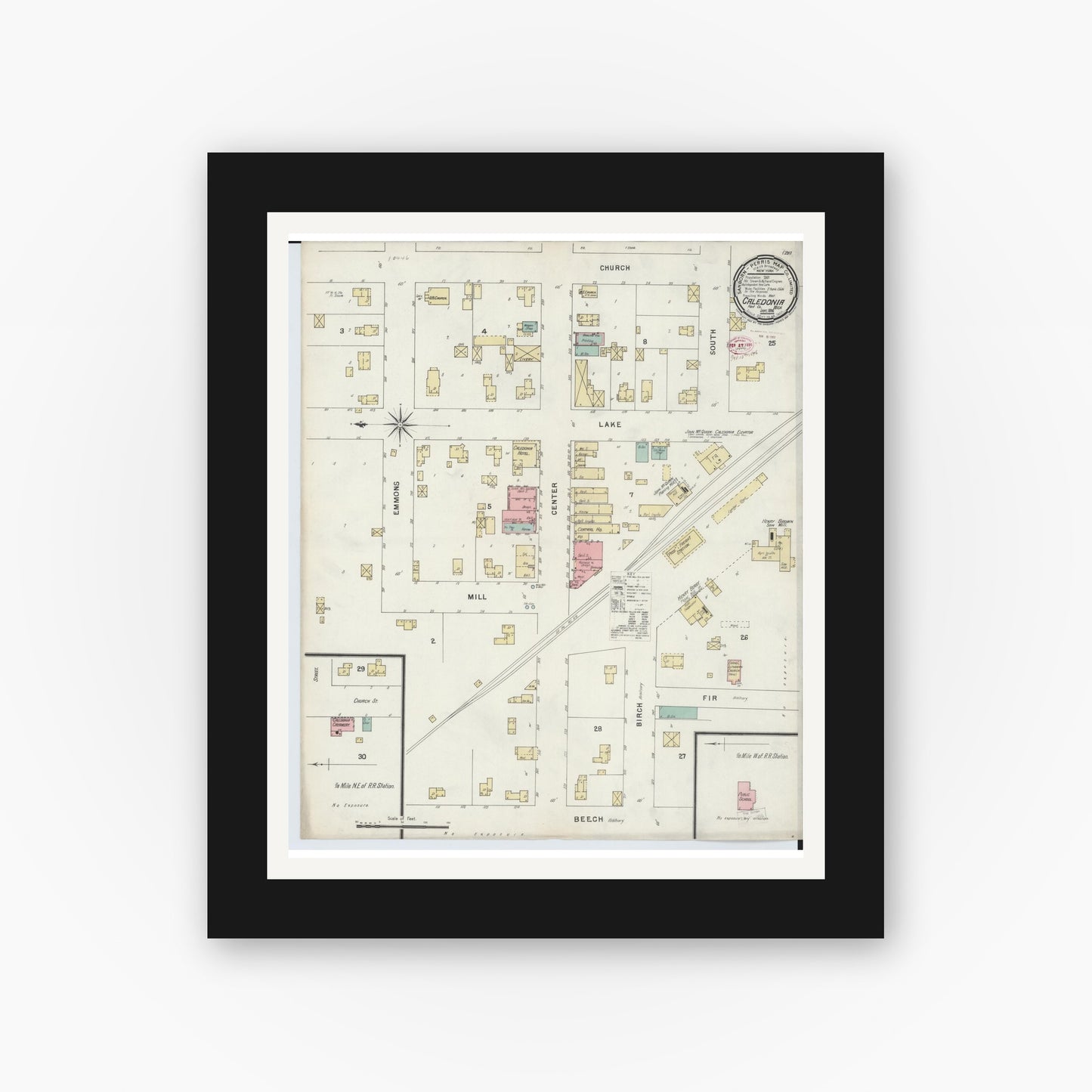 Old map wall art mockup — black gallery frame with white mat — Sanborn Fire Insurance Map from Caledonia, Kent County, Michigan (1896), Sheet #0001
