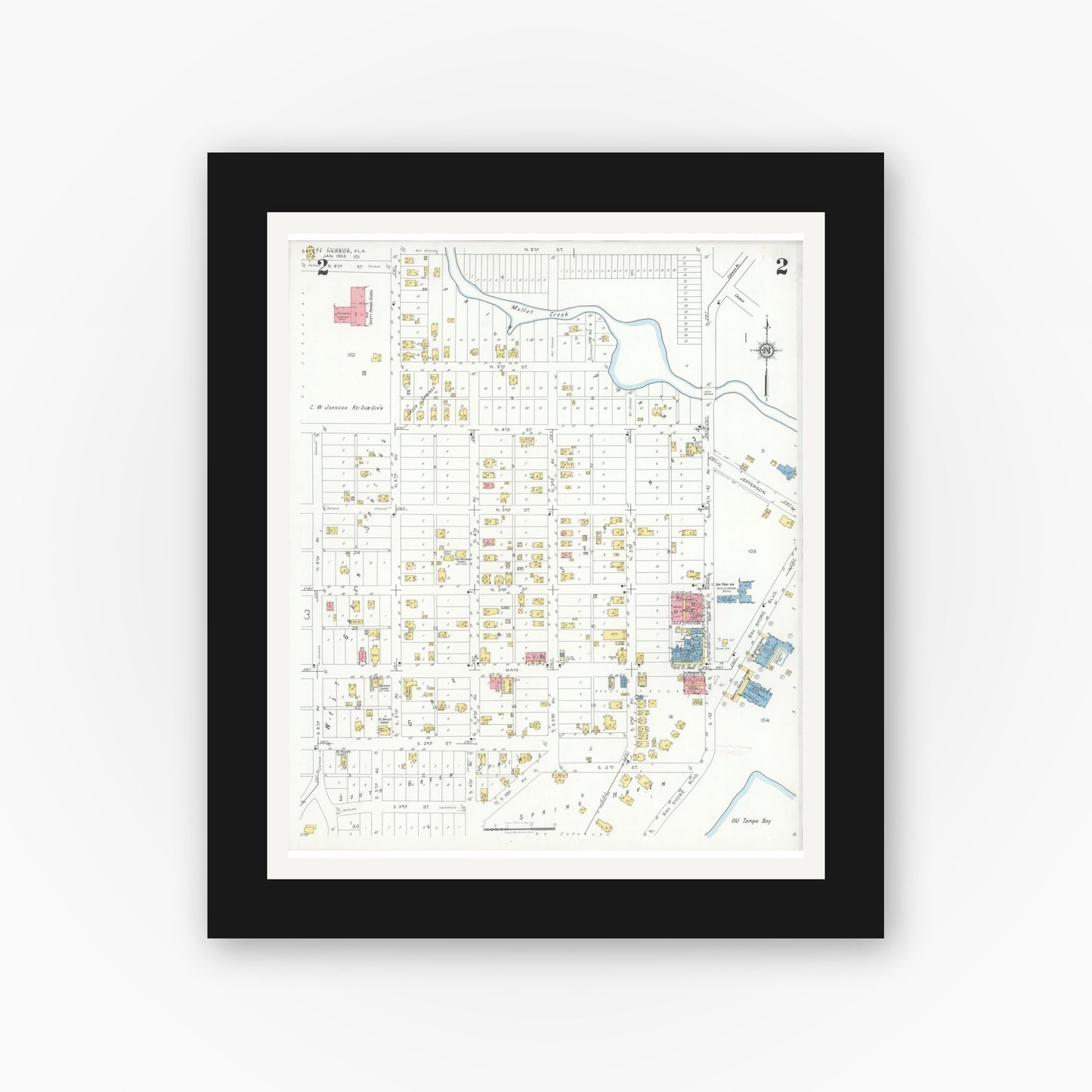 Old map wall art mockup — black gallery frame with white mat — Sanborn Fire Insurance Map from Safety Harbor, Pinellas County, Florida (1933), Sheet #0002