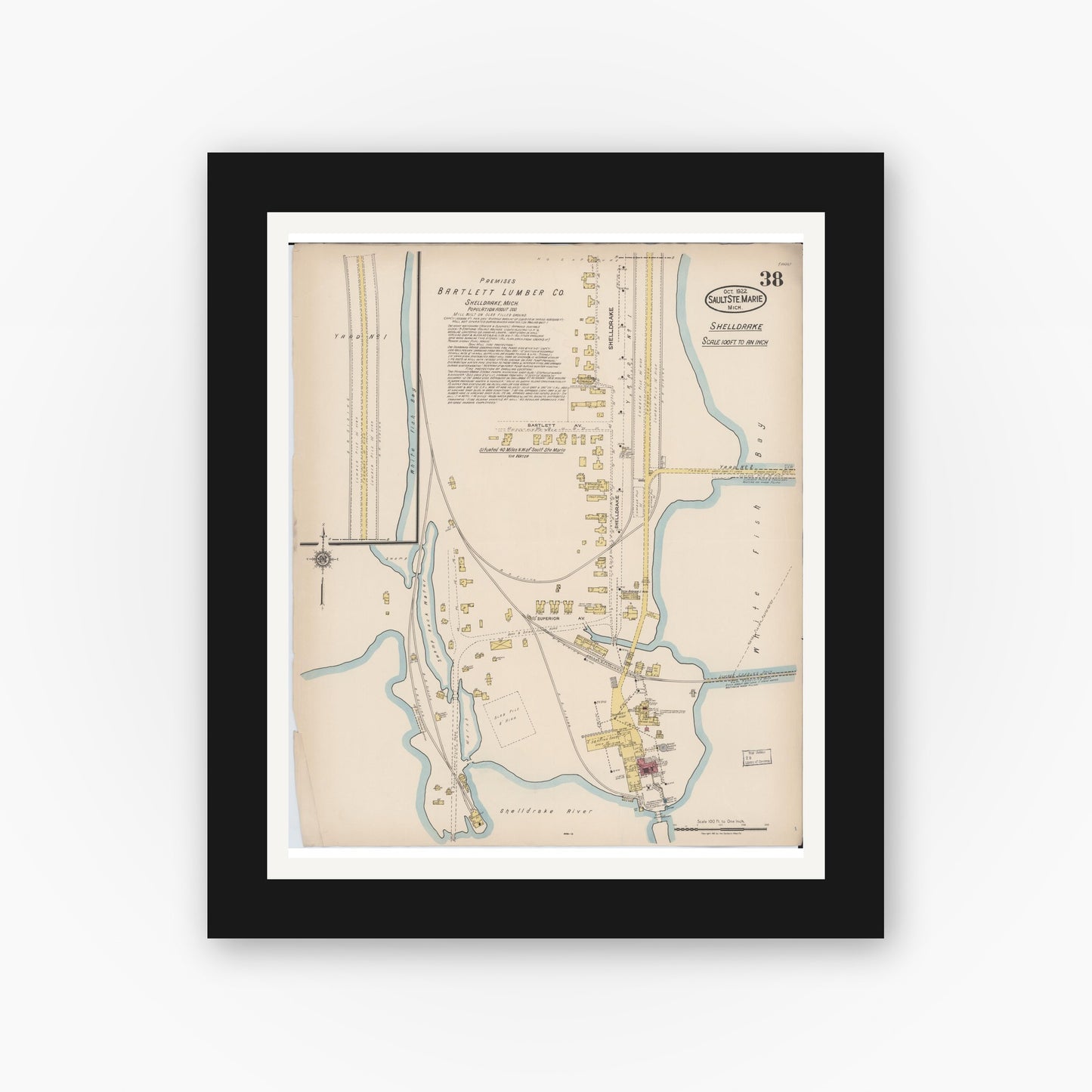 Old map wall art mockup — black gallery frame with white mat — Sanborn Fire Insurance Map from Sault Sainte Marie, Chippewa County, Michigan (1922), Sheet #0038