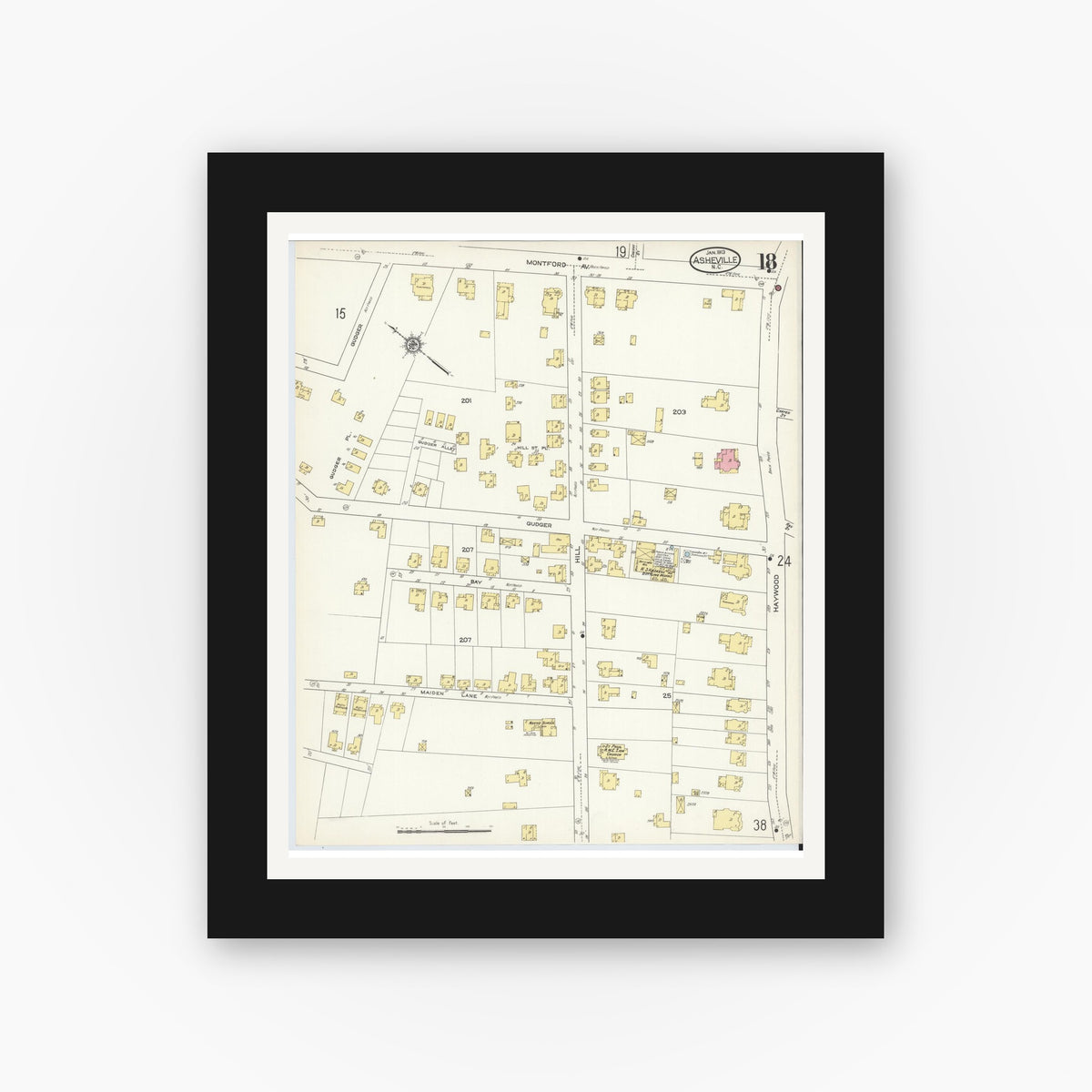Old map wall art mockup — black gallery frame with white mat — Sanborn Fire Insurance Map from Asheville, Buncombe County, North Carolina (1913), Sheet #0018