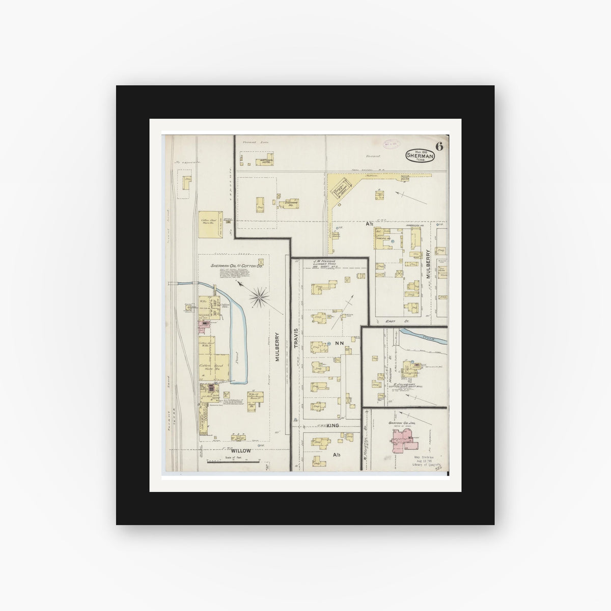 Old map wall art mockup — black gallery frame with white mat — Sanborn Fire Insurance Map from Sherman, Grayson County, Texas (1888), Sheet #0006