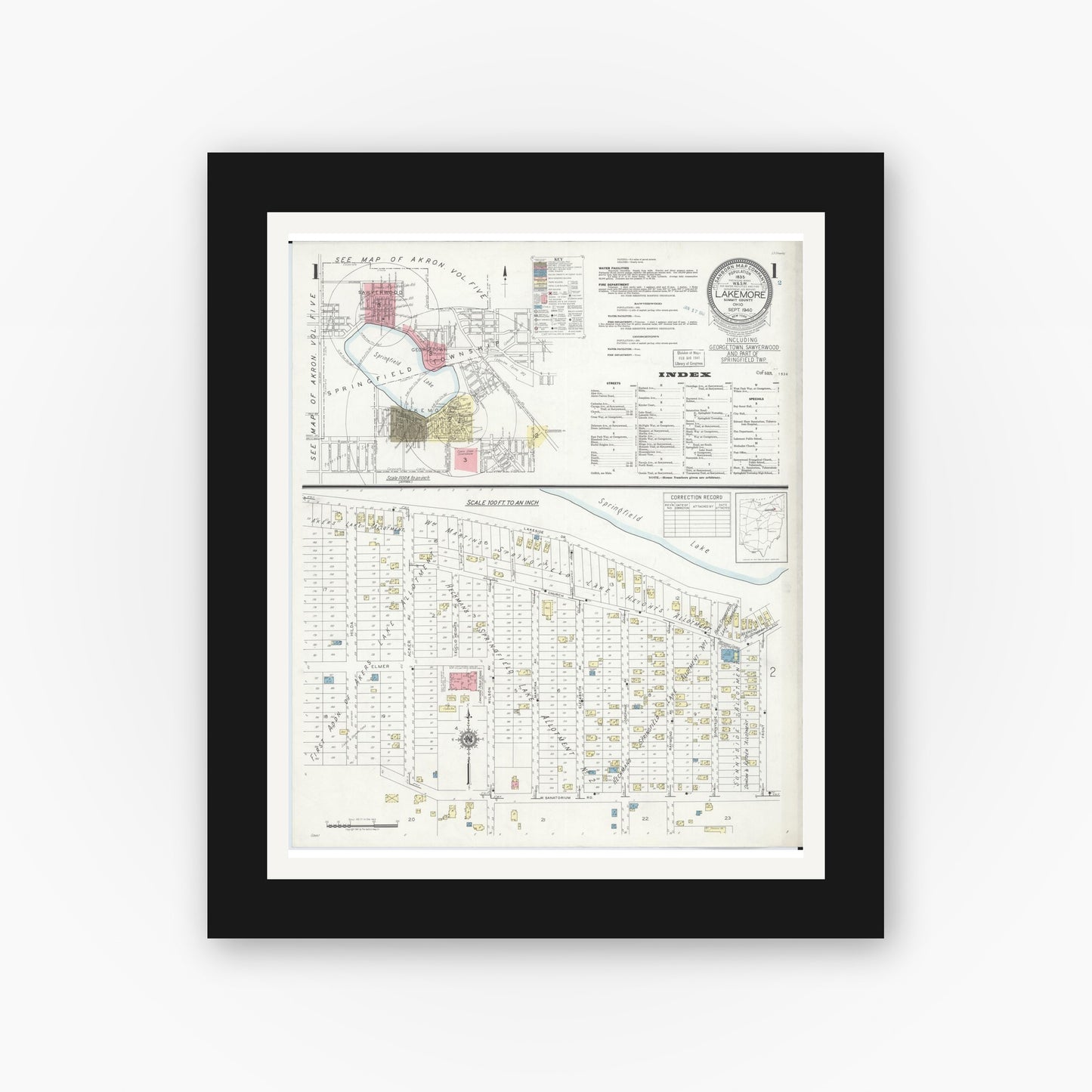 Old map wall art mockup — black gallery frame with white mat — Sanborn Fire Insurance Map from Lakemore, Summit County, Ohio (1940), Sheet #0001