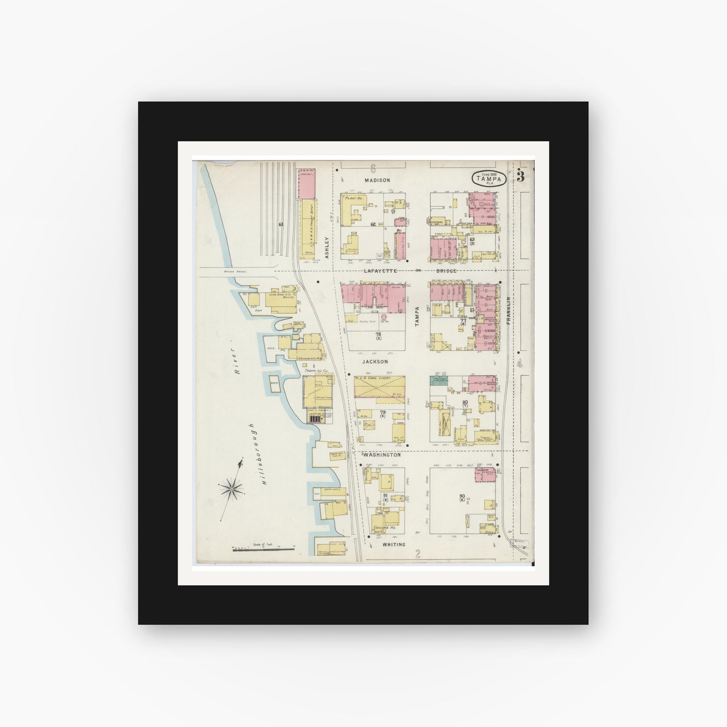 Old map wall art mockup — black gallery frame with white mat — Sanborn Fire Insurance Map from Tampa, Hillsborough County, Florida (1895), Sheet #0007