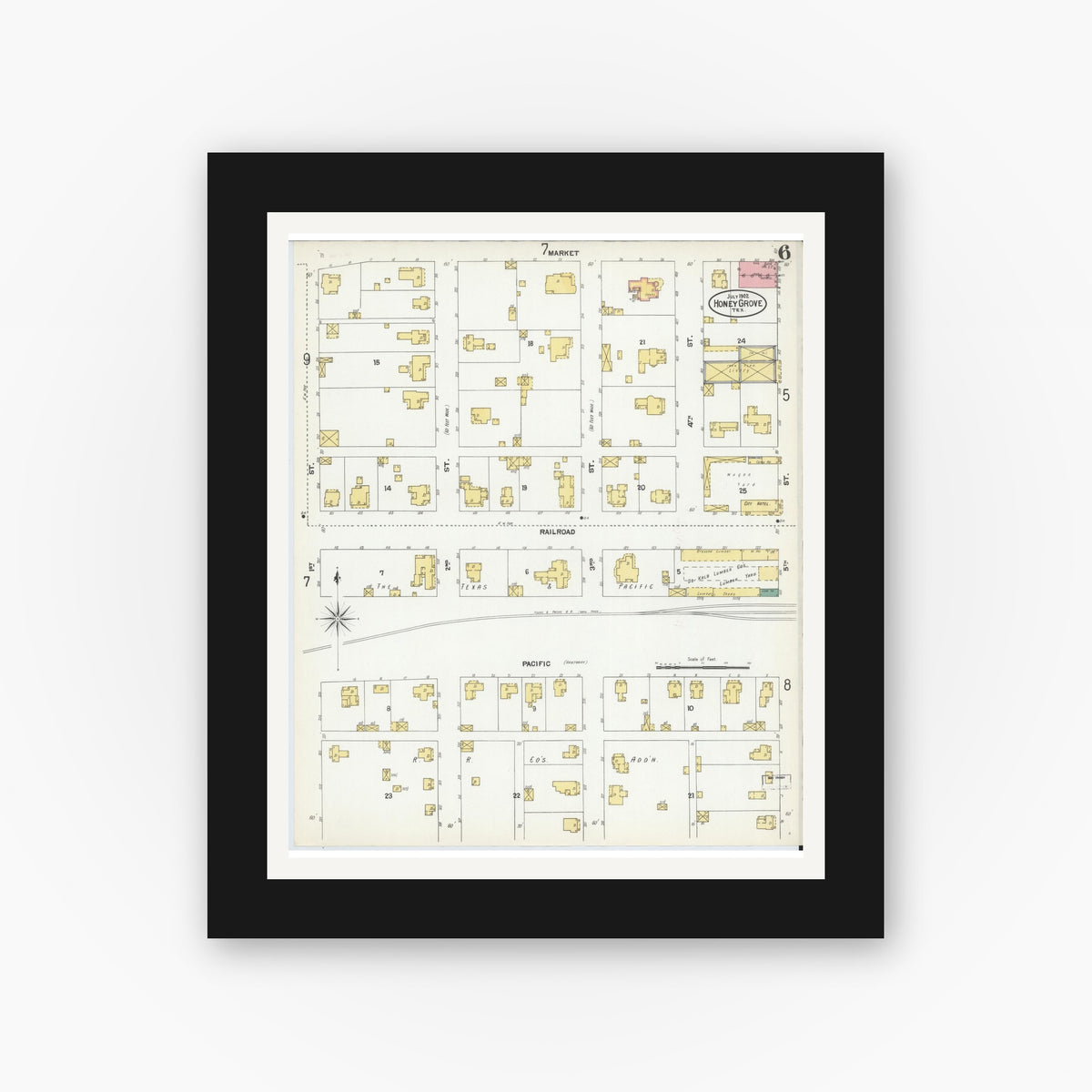 Old map wall art mockup — black gallery frame with white mat — Sanborn Fire Insurance Map from Honey Grove, Fannin County, Texas (1902), Sheet #0006