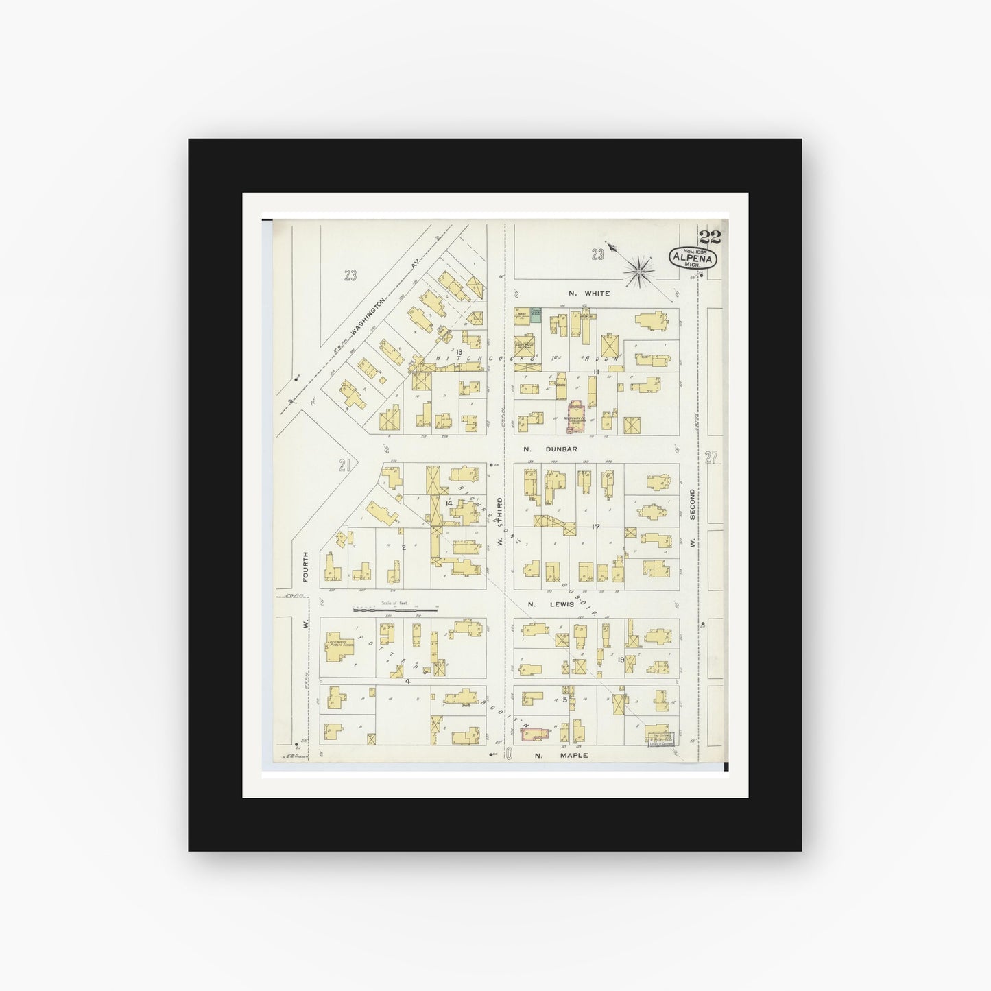 Old map wall art mockup — black gallery frame with white mat — Sanborn Fire Insurance Map from Alpena, Alpena County, Michigan (1895), Sheet #0022