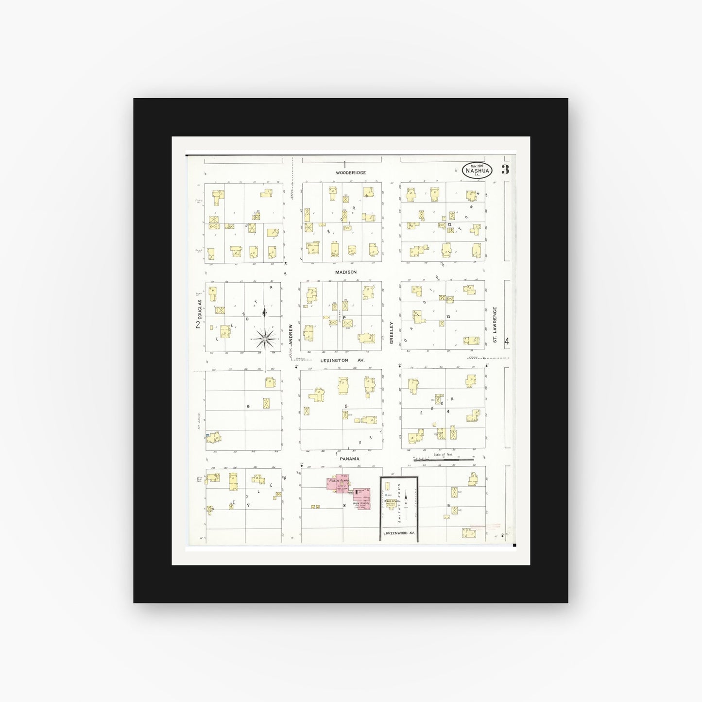 Old map wall art mockup β black gallery frame with white mat β Sanborn Fire Insurance Map from Nashua, Chickasaw County, Iowa (1909), Sheet #0003