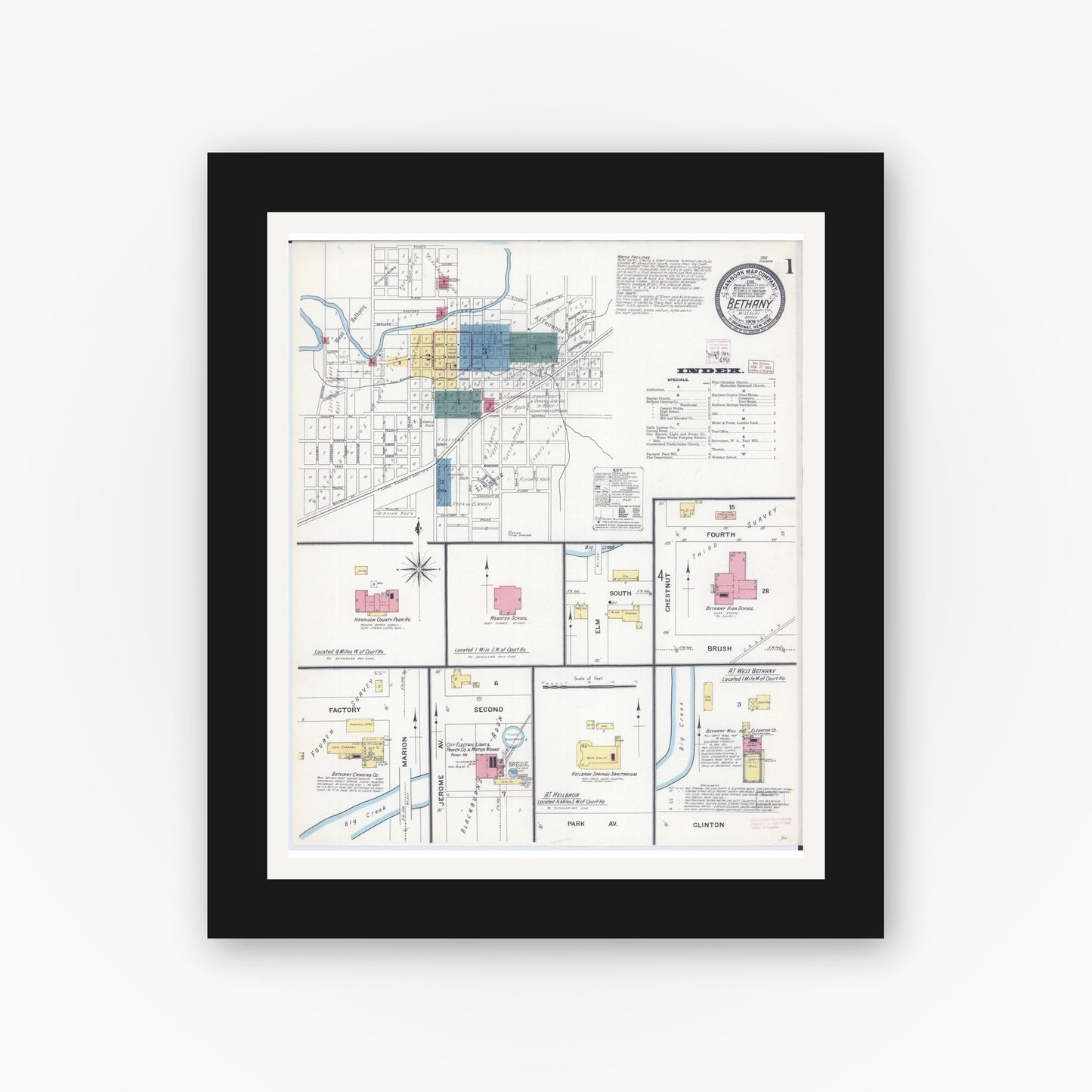 Old map wall art mockup — black gallery frame with white mat — Sanborn Fire Insurance Map from Bethany, Harrison County, Missouri (1909) - Complete Map Set