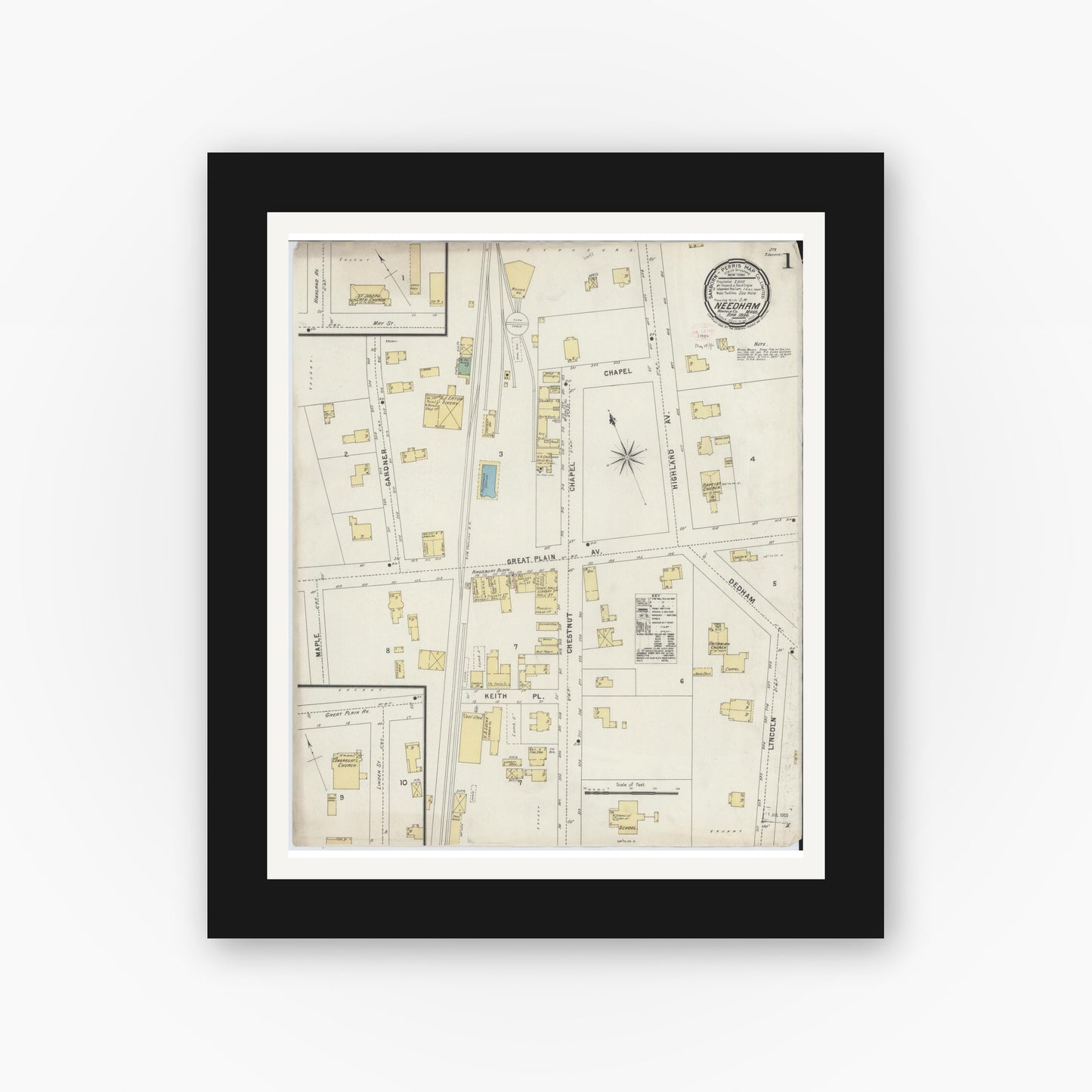 Old map wall art mockup — black gallery frame with white mat — Sanborn Fire Insurance Map from Needham, Norfolk County, Massachusetts (1896), Sheet #0001