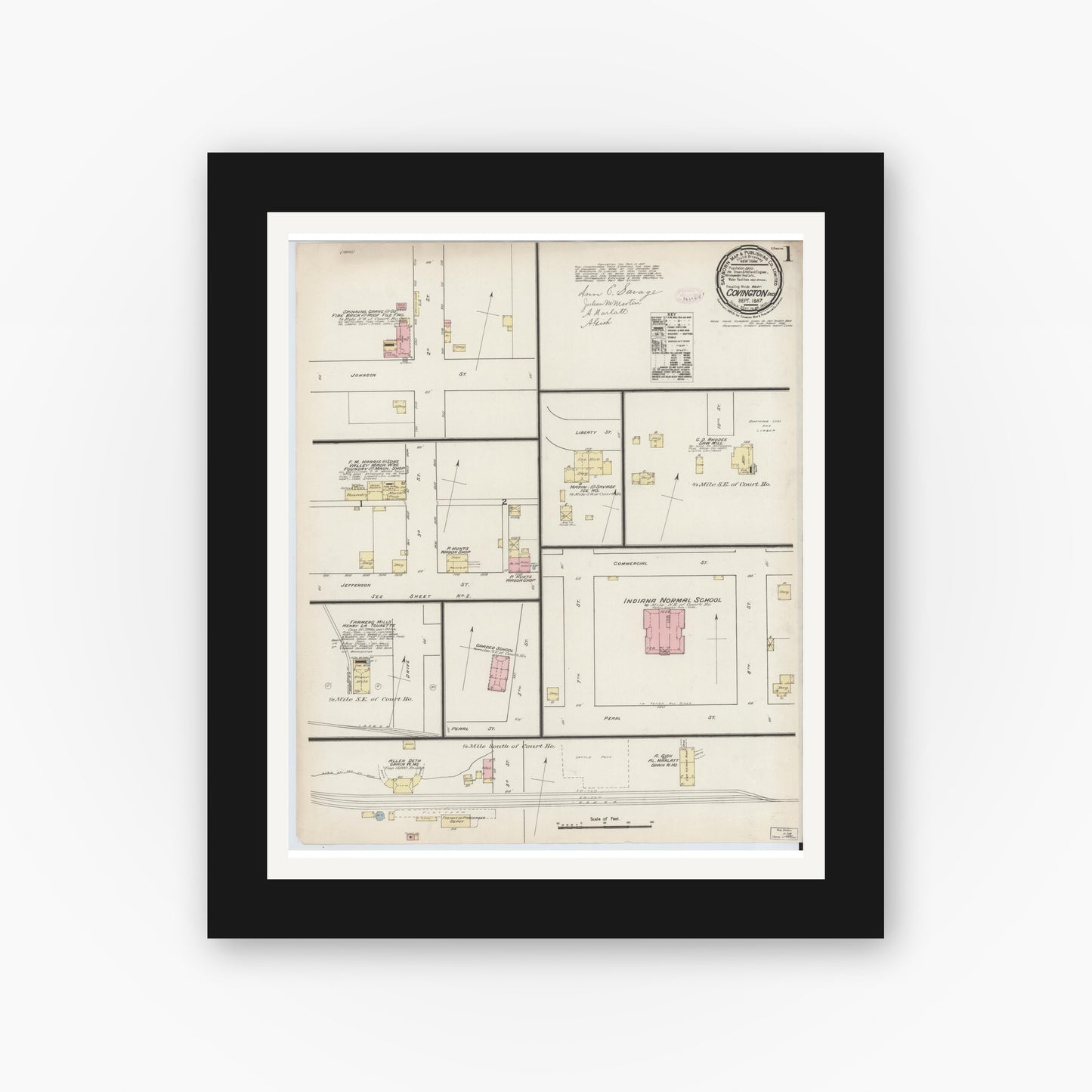 Old map wall art mockup — black gallery frame with white mat — Sanborn Fire Insurance Map from Covington, Fountain County, Indiana (1887) - Complete Map Set