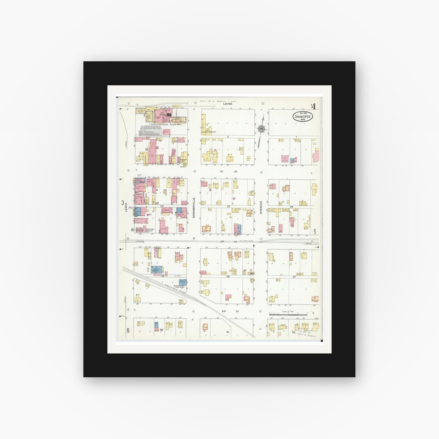 Old map wall art mockup — black gallery frame with white mat — Sanborn Fire Insurance Map from Shakopee, Scott County, Minnesota (1910), Sheet #0004