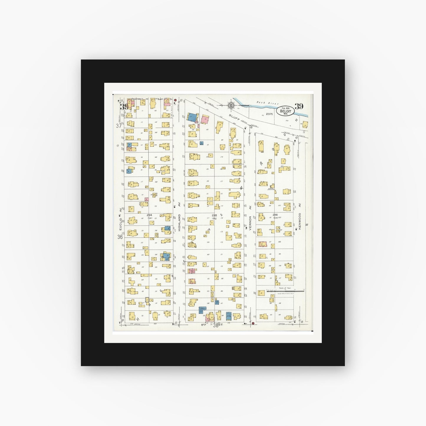 Old map wall art mockup — black gallery frame with white mat — Sanborn Fire Insurance Map from Beloit, Rock County, Wisconsin (1926), Sheet #0039