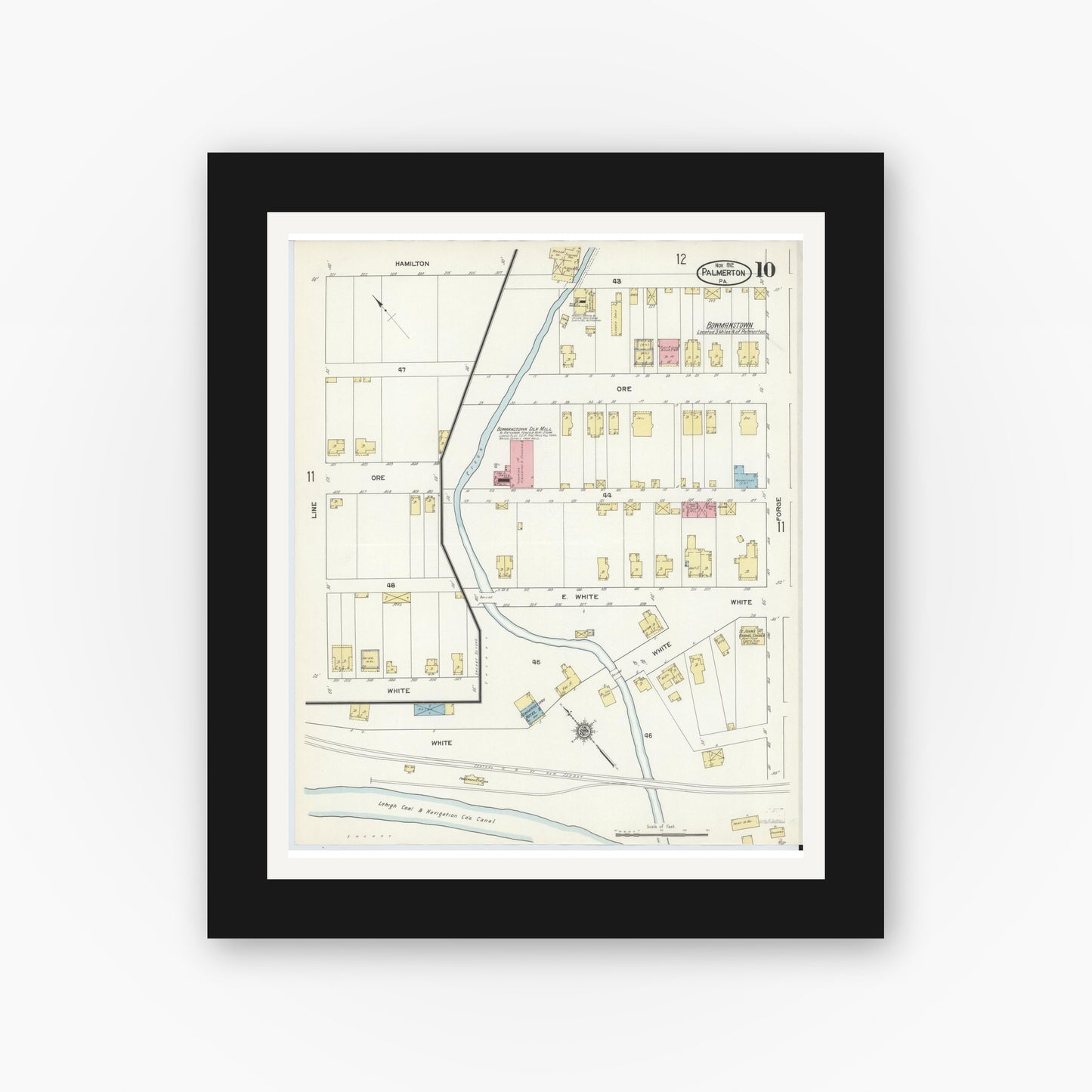 Old map wall art mockup — black gallery frame with white mat — Sanborn Fire Insurance Map from Palmerton, Carbon County, Pennsylvania (1912), Sheet #0010