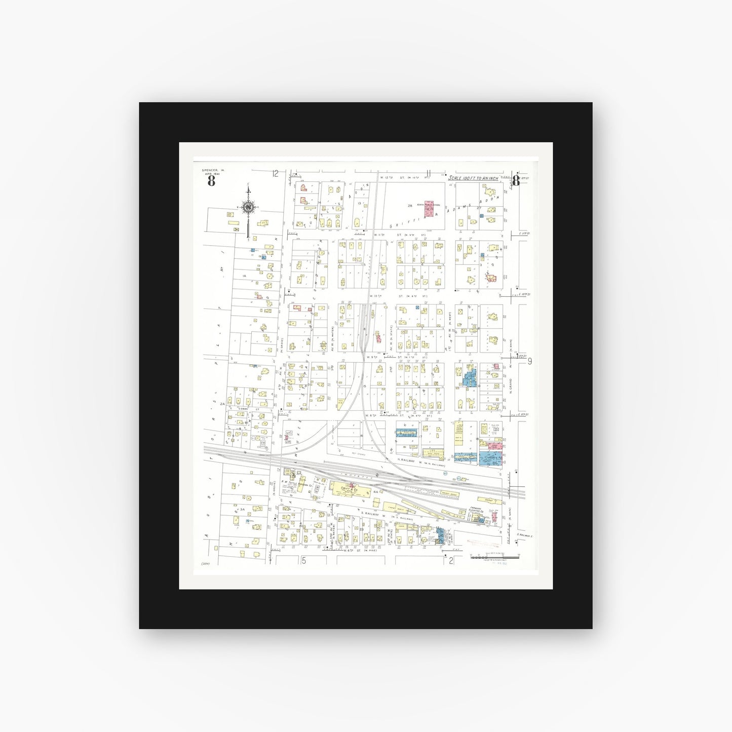 Old map wall art mockup β black gallery frame with white mat β Sanborn Fire Insurance Map from Spencer, Clay County, Iowa (1941), Sheet #0008
