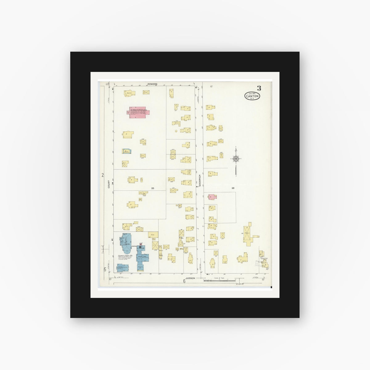 Old map wall art mockup — black gallery frame with white mat — Sanborn Fire Insurance Map from Canton, St. Lawrence County, New York (1913), Sheet #0003