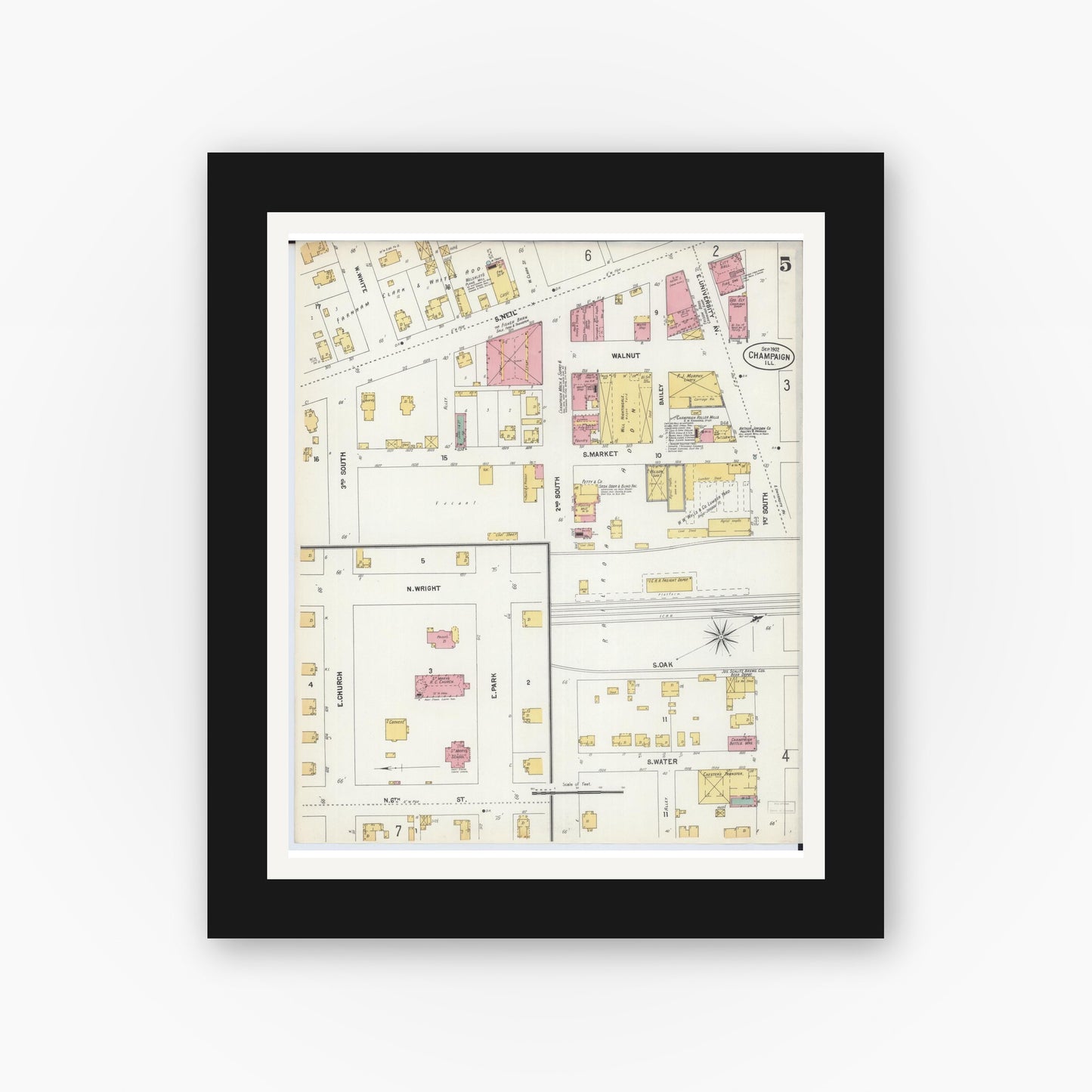 Old map wall art mockup — black gallery frame with white mat — Sanborn Fire Insurance Map from Champaign, Champaign County, Illinois (1902), Sheet #0005