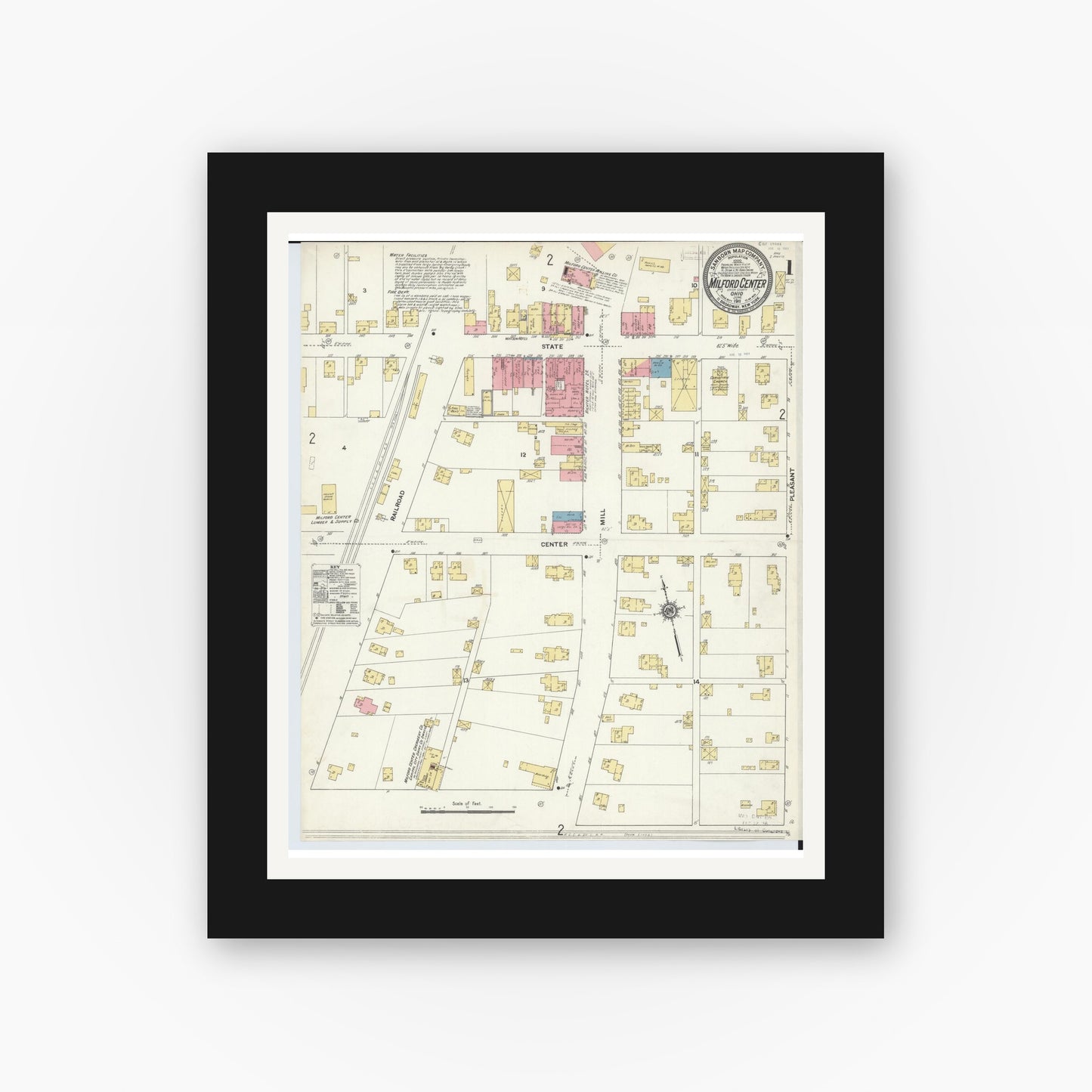Old map wall art mockup — black gallery frame with white mat — Sanborn Fire Insurance Map from Milford Center, Union County, Ohio (1911) - Complete Map Set