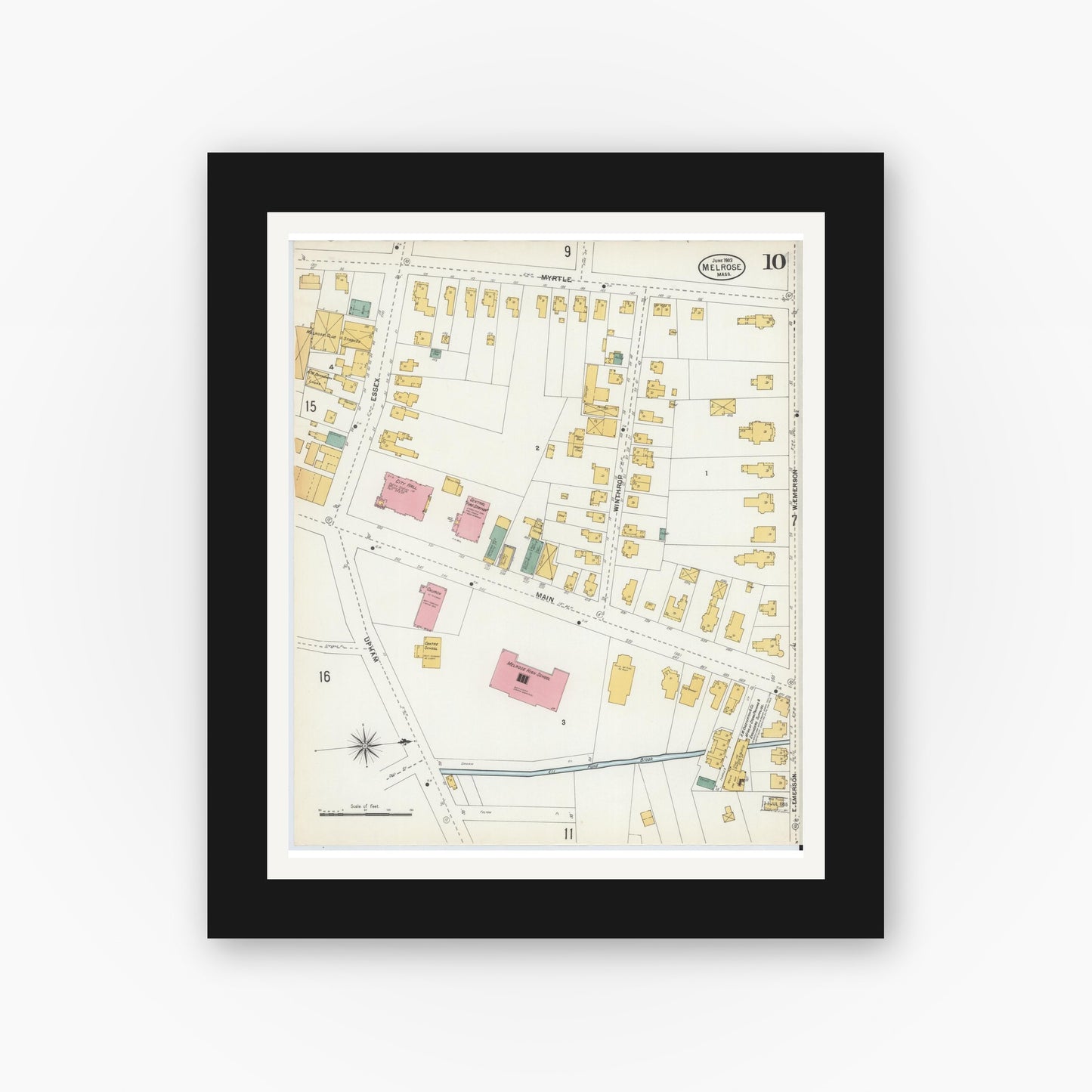 Old map wall art mockup — black gallery frame with white mat — Sanborn Fire Insurance Map from Melrose, Middlesex County, Massachusetts (1903), Sheet #0010